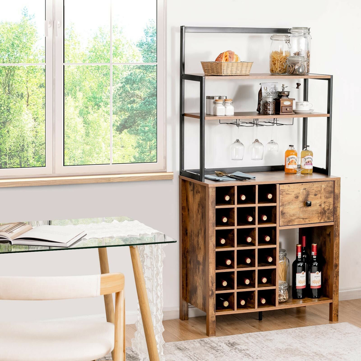 Gymax Kitchen Bakers Rack Freestanding Wine Rack Table w/ Glass Holder & Drawer Black / Rustic