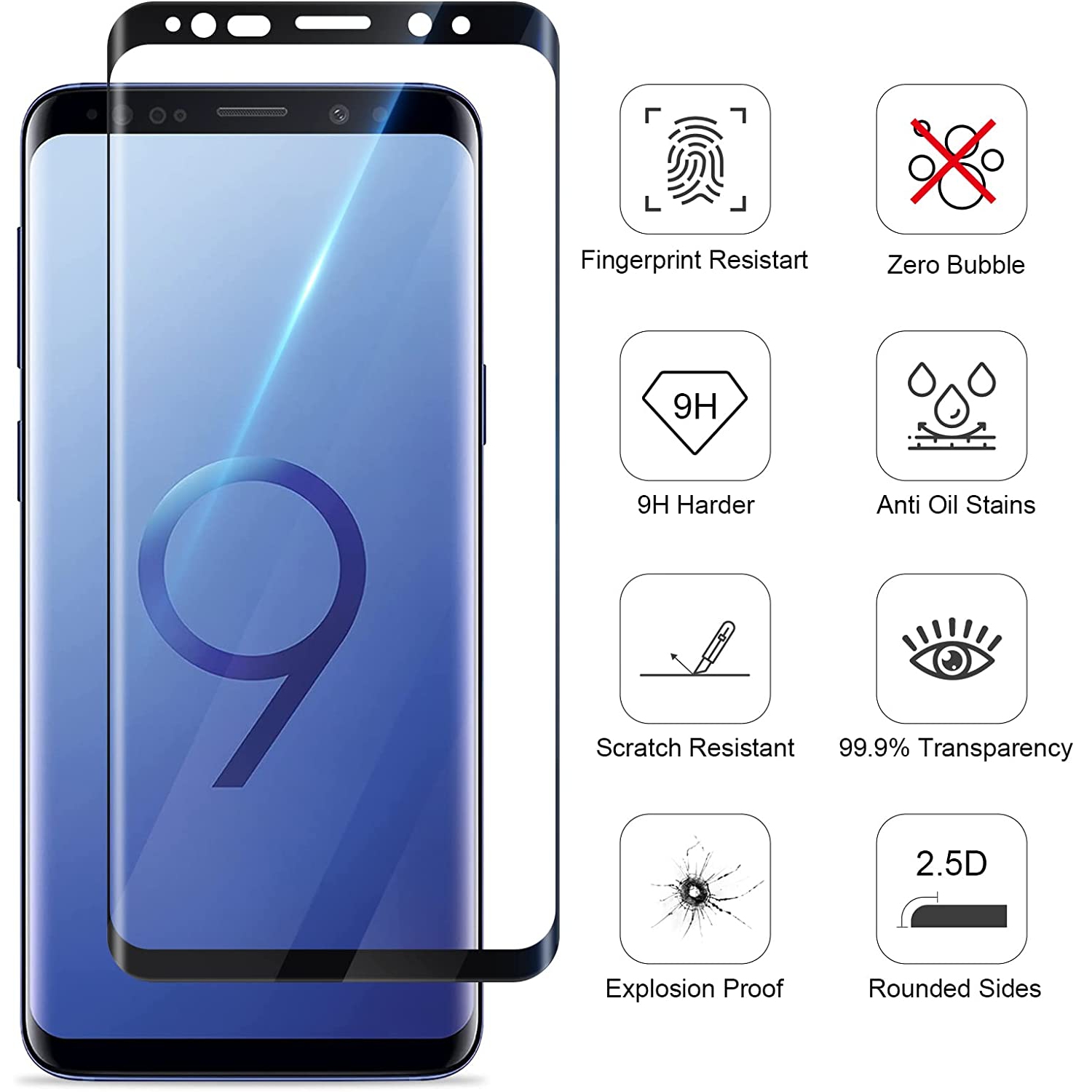 [PAQUET de 2] Protecteur d’écran en verre trempé pour Galaxy S9 de Samsung - Noir