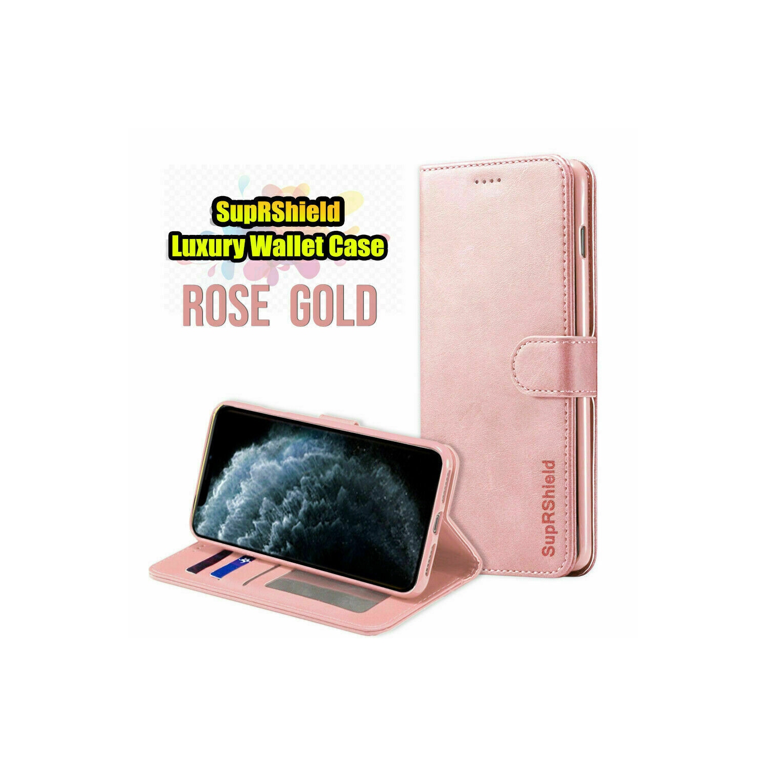 Apple iPhone 12 Mini Case Rose Gold SupRShield Wallet Case Leather Card Holder Flip Protective Shockproof Magneti Cover