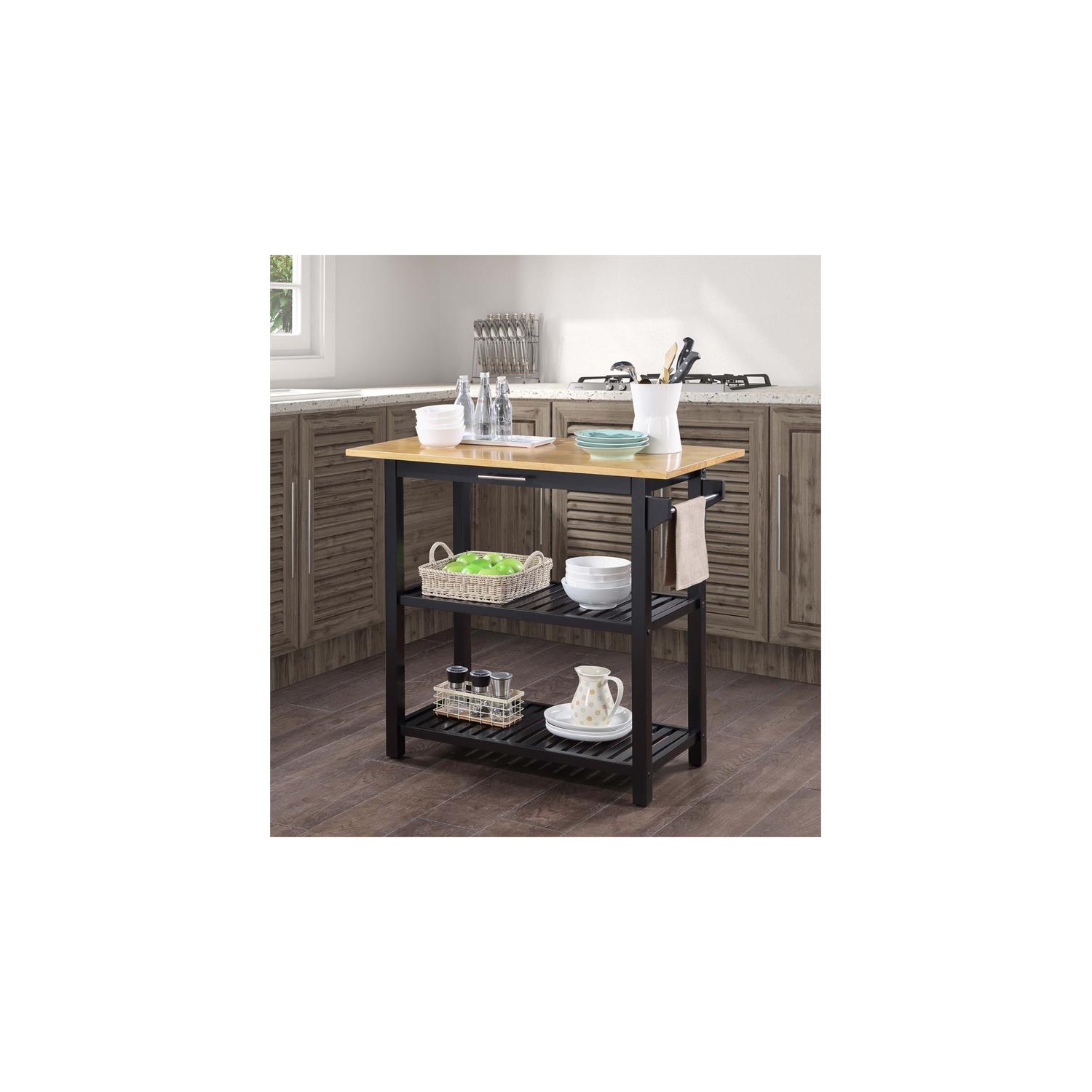 Designs2Go Three-Tier Butcher Block Kitchen Prep Island with Drawer- Black Wood