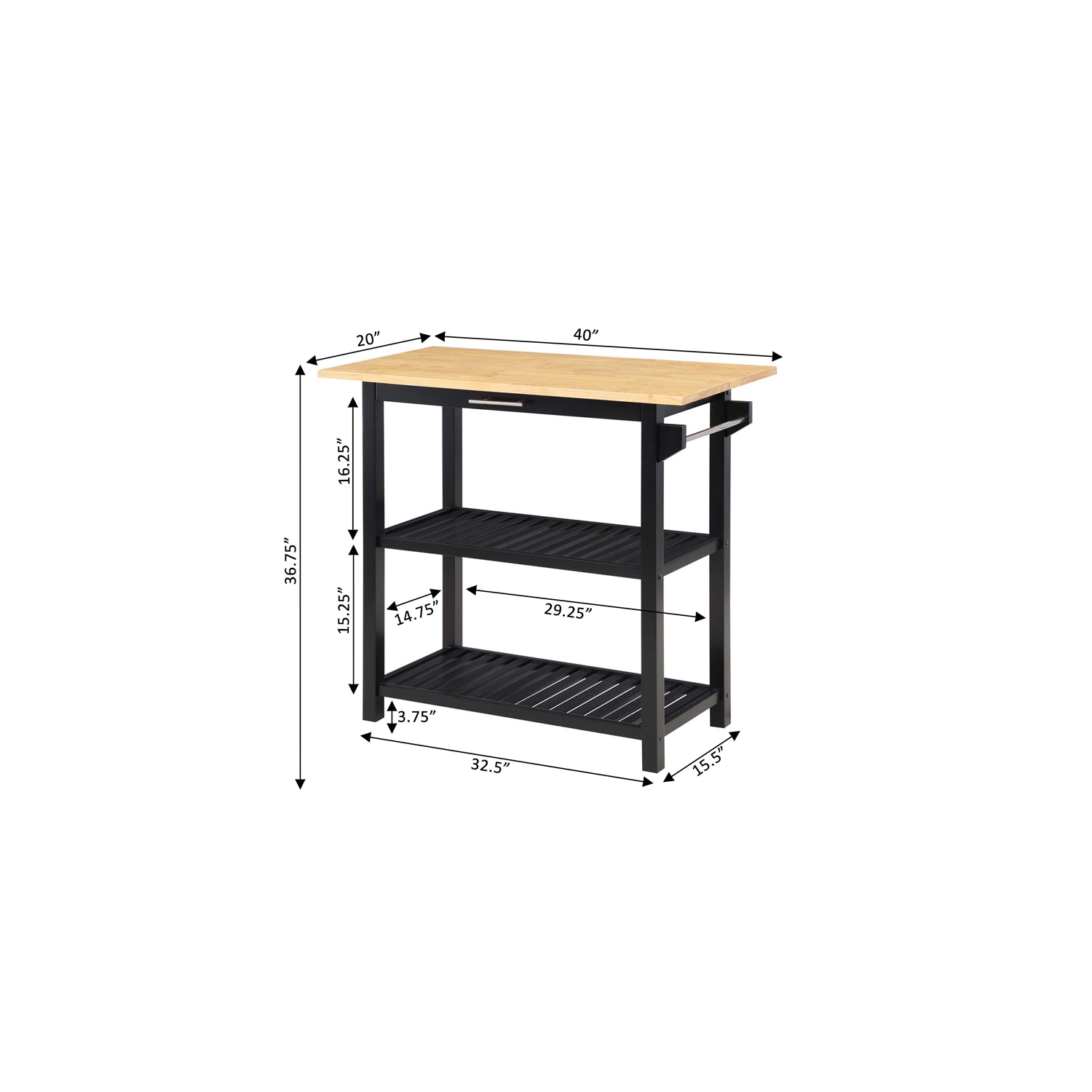 Designs2Go Three-Tier Butcher Block Kitchen Prep Island with Drawer- Black Wood