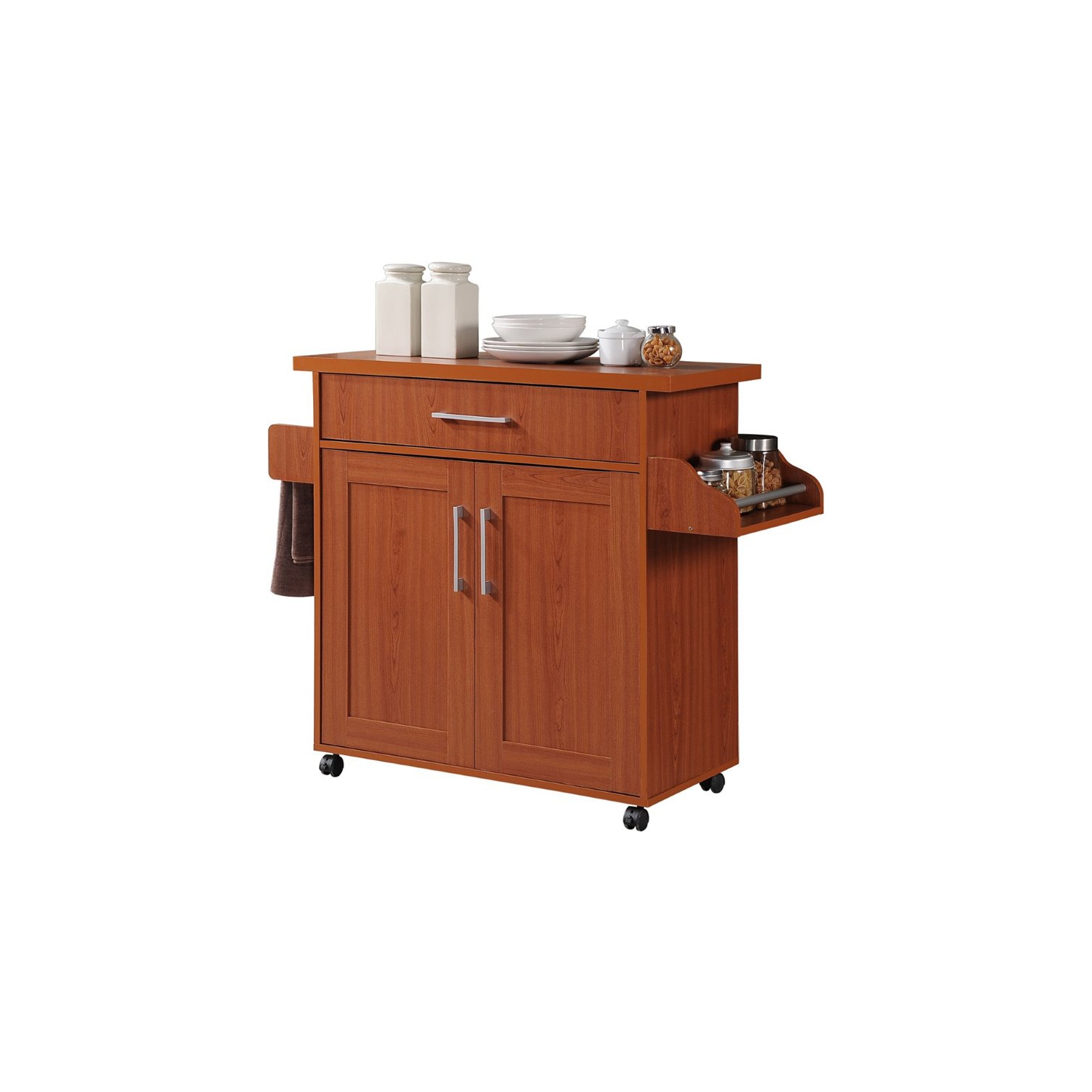 Hodedah Kitchen Island with Spice Rack plus Towel Holder in Cherry Wood