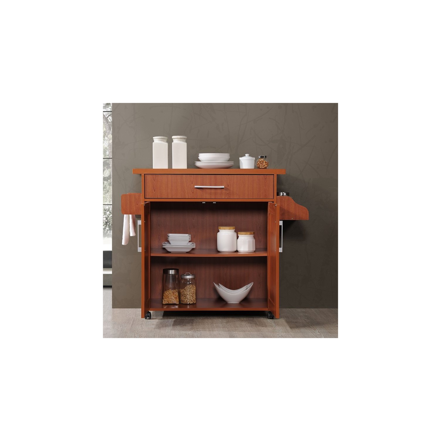 Hodedah Kitchen Island with Spice Rack plus Towel Holder in Cherry Wood