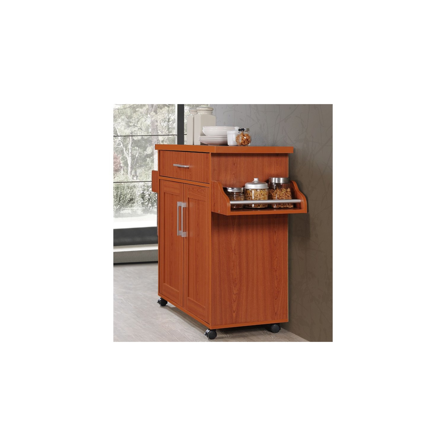 Hodedah Kitchen Island with Spice Rack plus Towel Holder in Cherry Wood