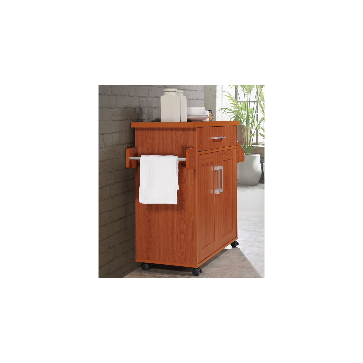 Hodedah Kitchen Island with Spice Rack plus Towel Holder in Cherry Wood