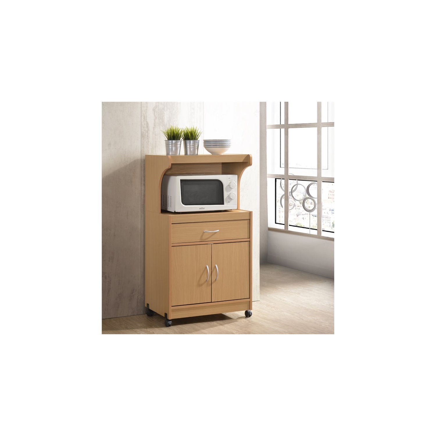 Hodedah Microwave Contemporary Wooden Kitchen Cart in Beige Finish