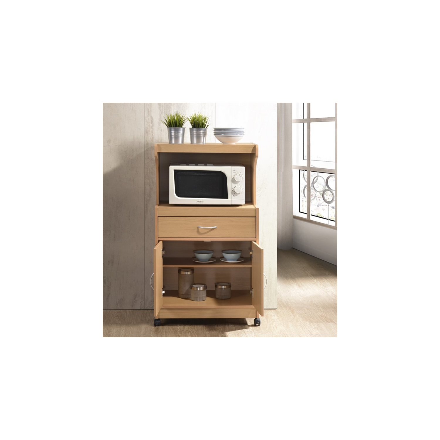 Hodedah Microwave Contemporary Wooden Kitchen Cart in Beige Finish