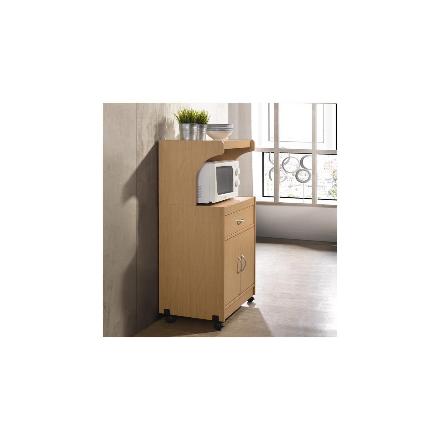 Hodedah Microwave Contemporary Wooden Kitchen Cart in Beige Finish