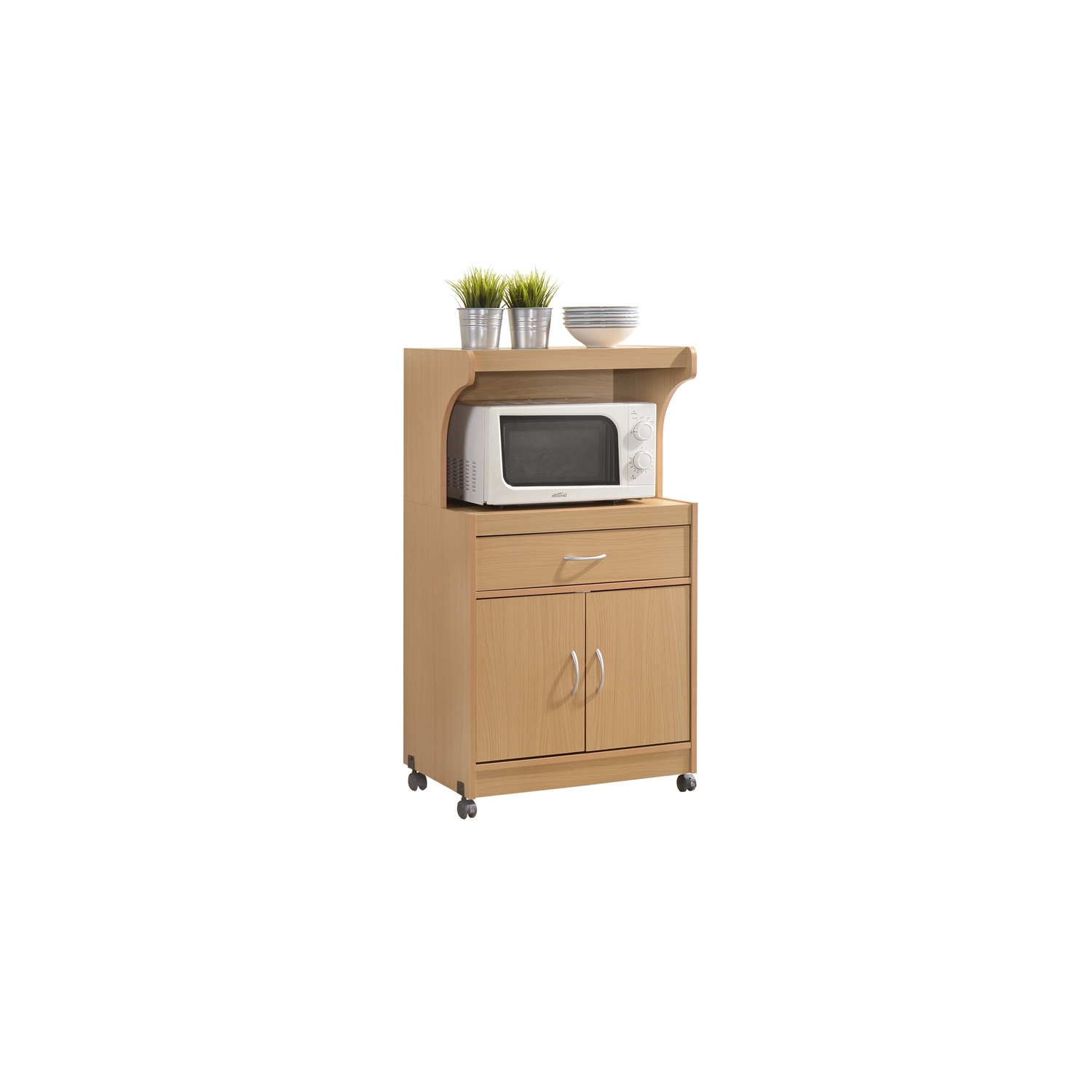 Hodedah Microwave Contemporary Wooden Kitchen Cart in Beige Finish