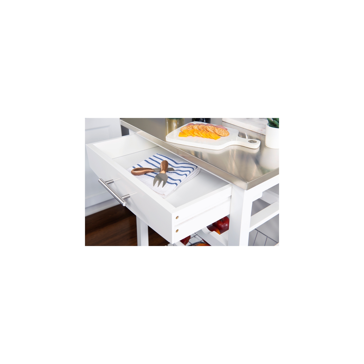 Desserte de cuisine en bois d’acier inoxydable blanche Natalie de Linon