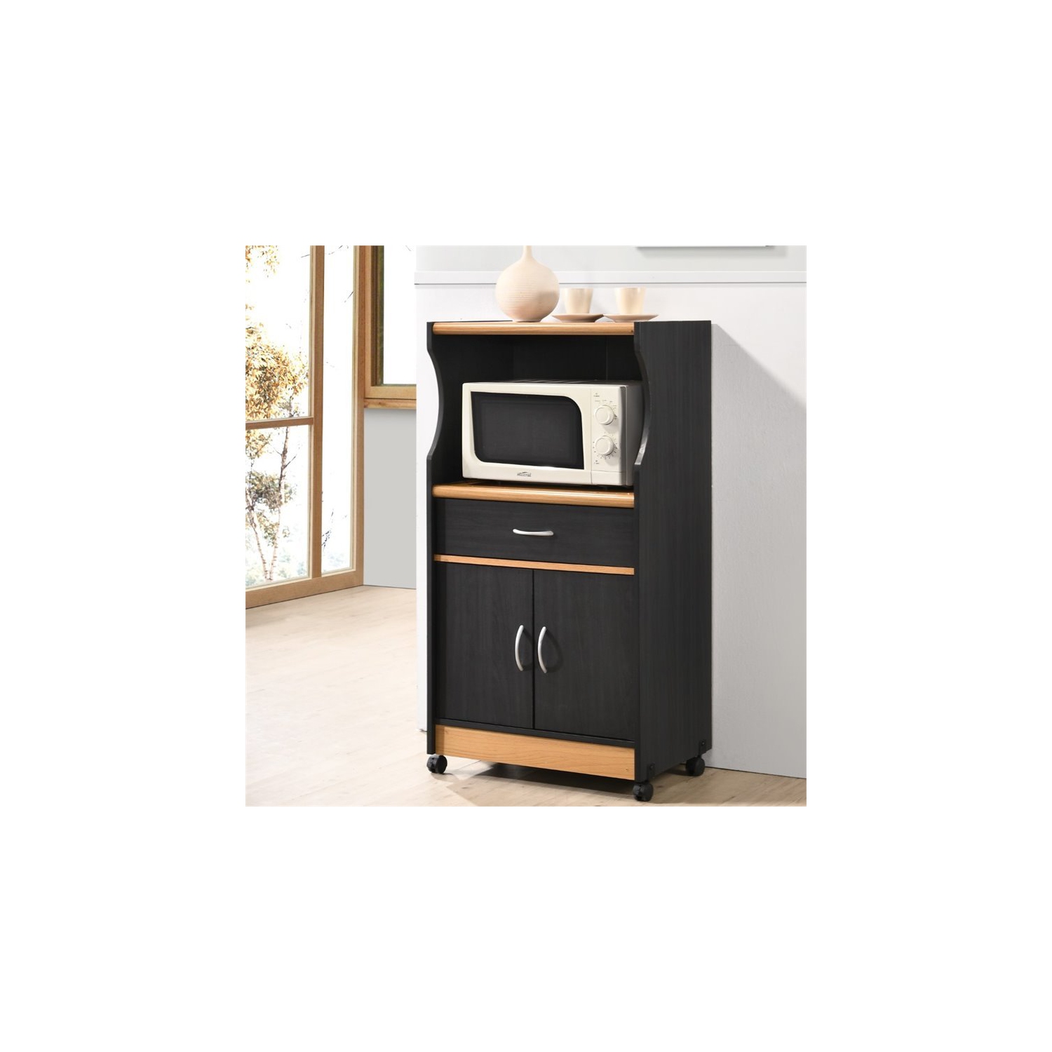 Hodedah Microwave Contemporary Wooden Kitchen Cart in Black-Beige Finish