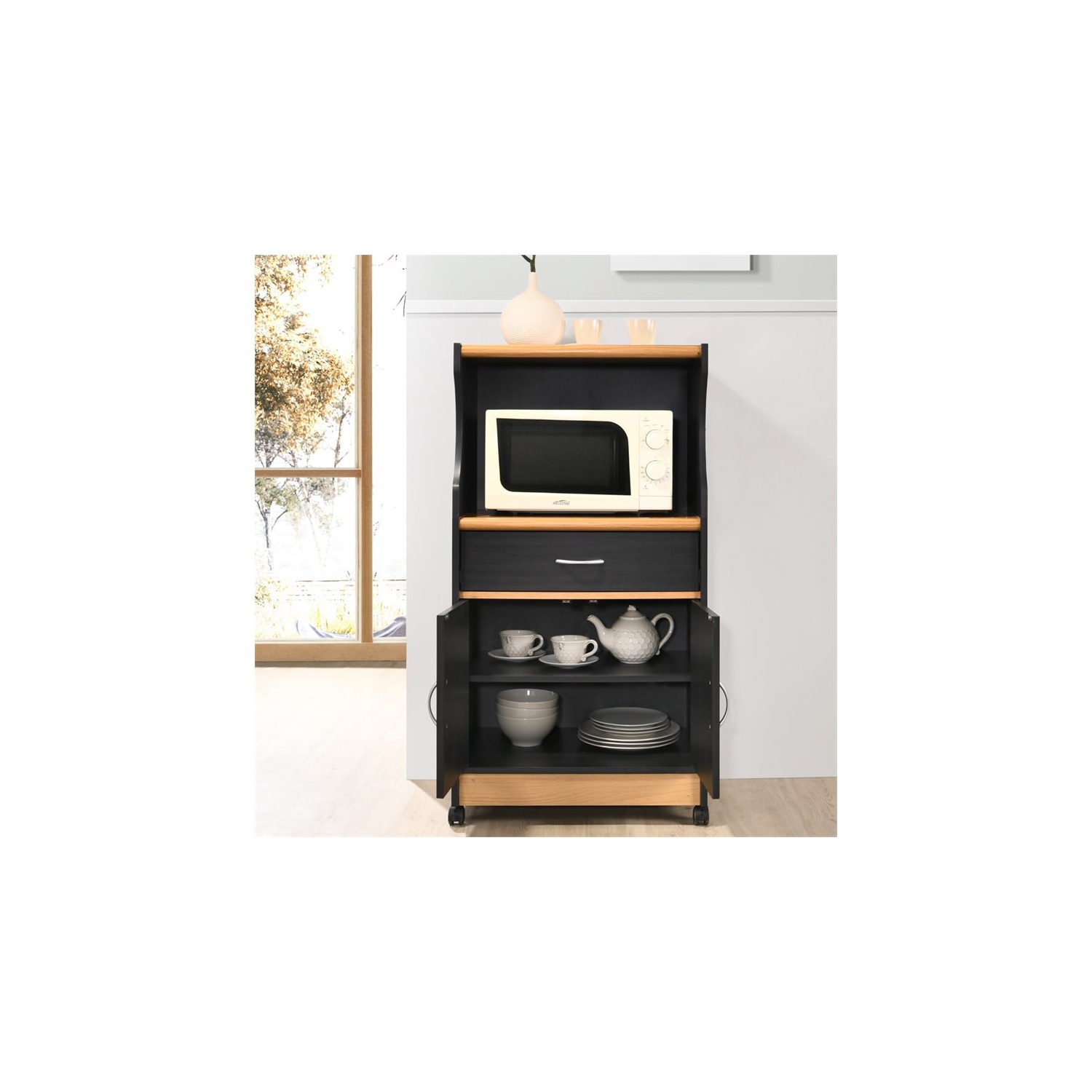 Hodedah Microwave Contemporary Wooden Kitchen Cart in Black-Beige Finish