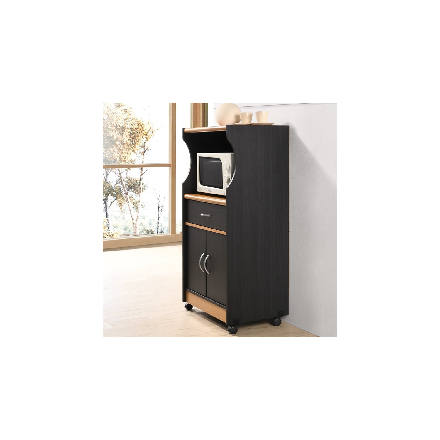 Hodedah Microwave Contemporary Wooden Kitchen Cart in Black-Beige Finish