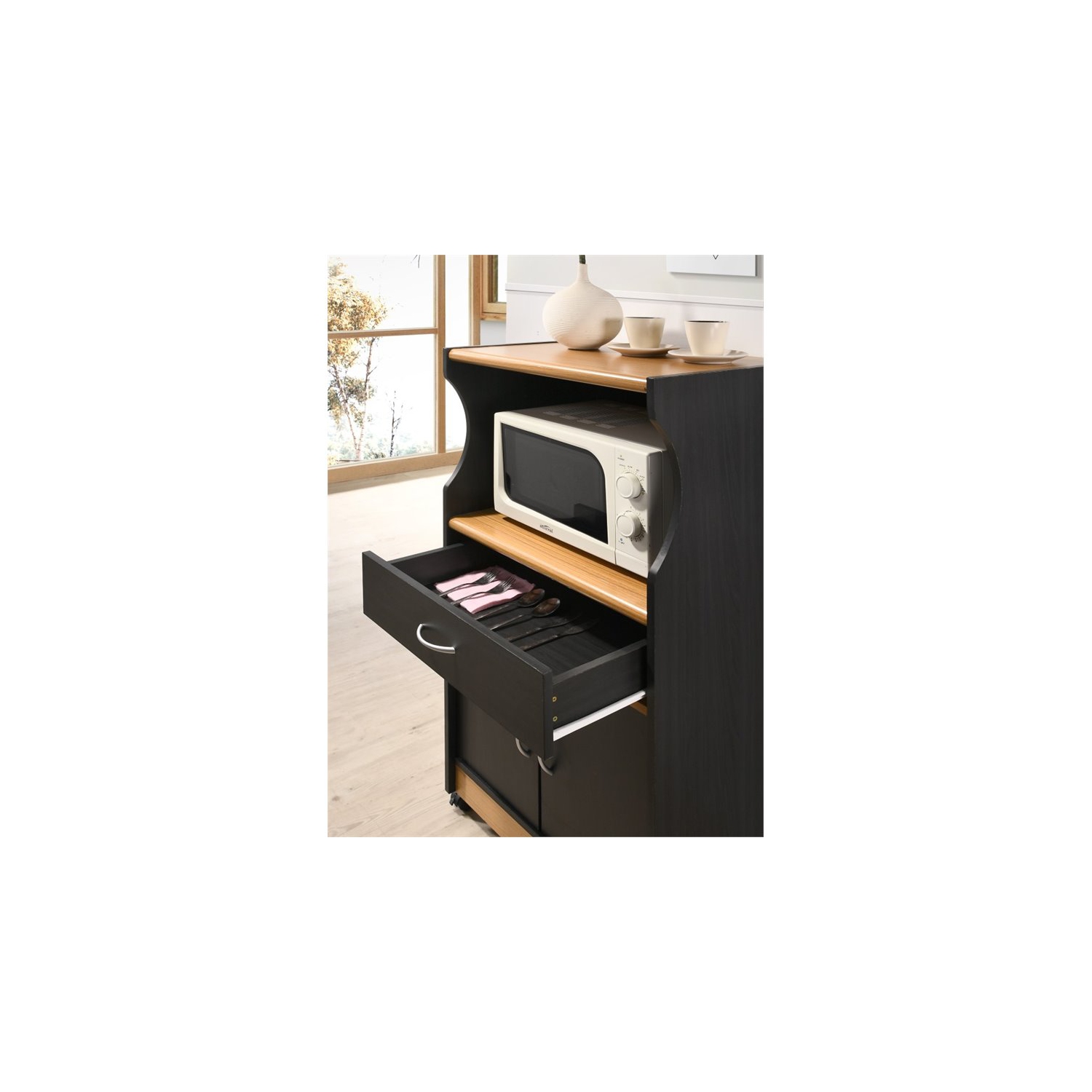 Hodedah Microwave Contemporary Wooden Kitchen Cart in Black-Beige Finish