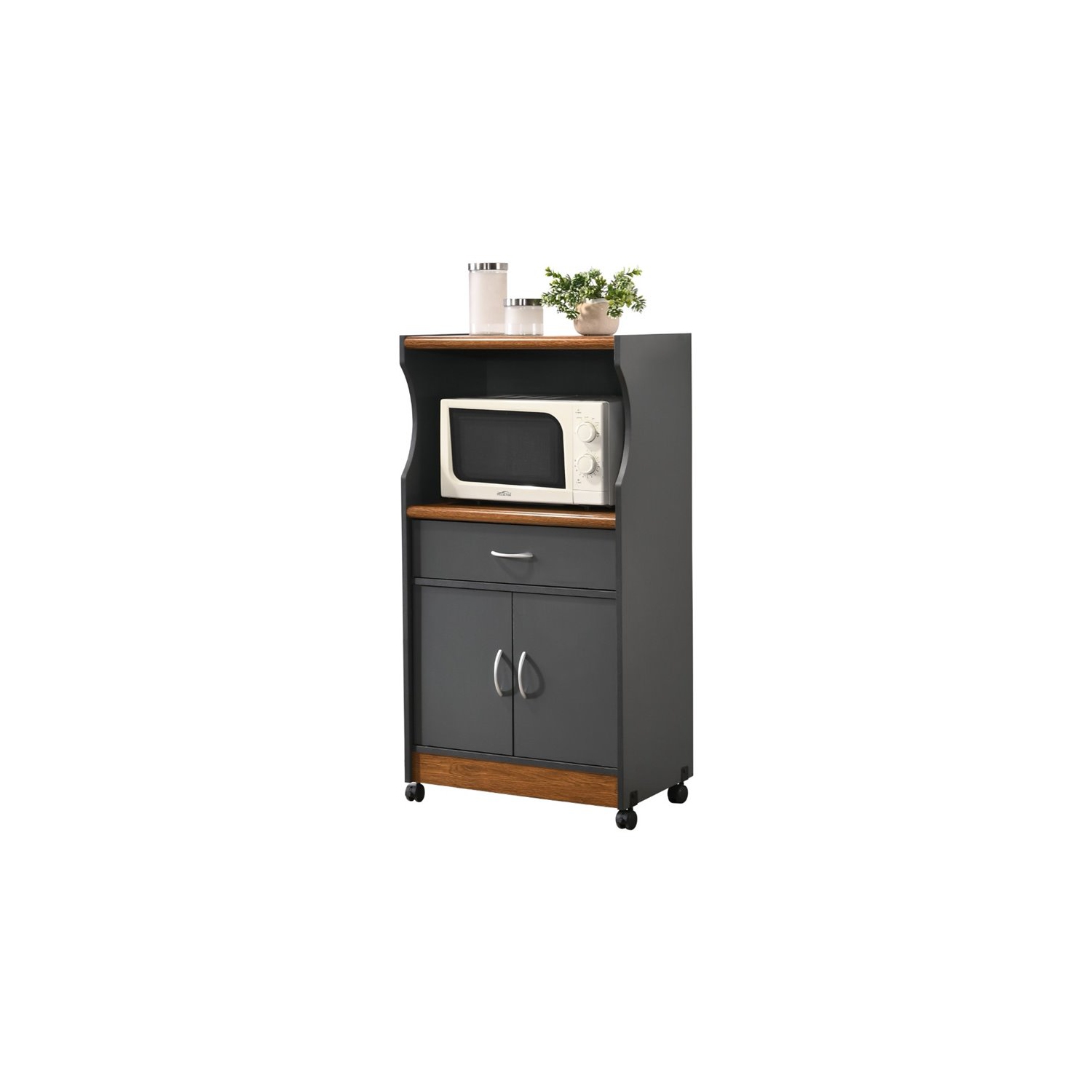 Hodedah Microwave Contemporary Wooden Kitchen Cart in Grey-Oak Finish