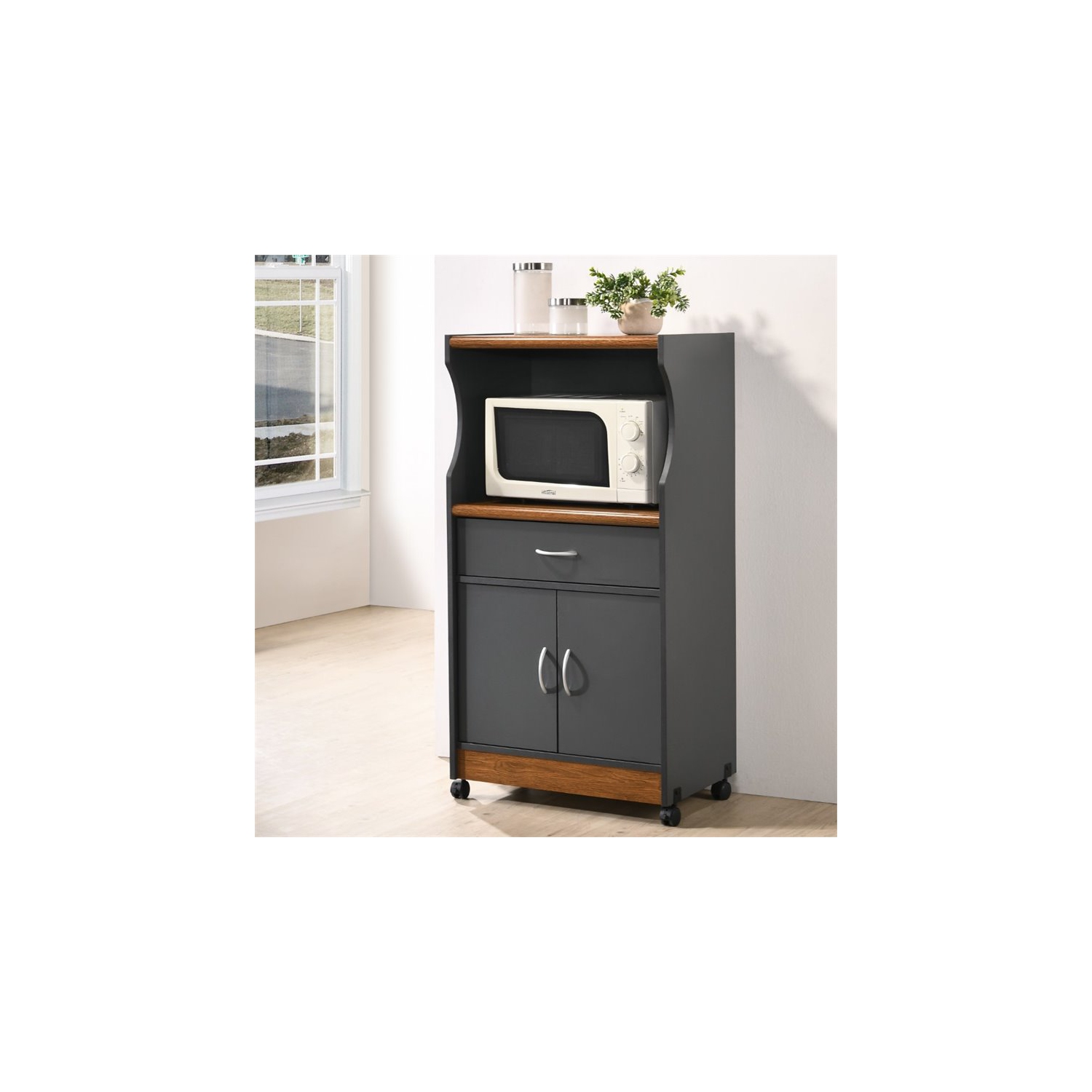 Hodedah Microwave Contemporary Wooden Kitchen Cart in Grey-Oak Finish
