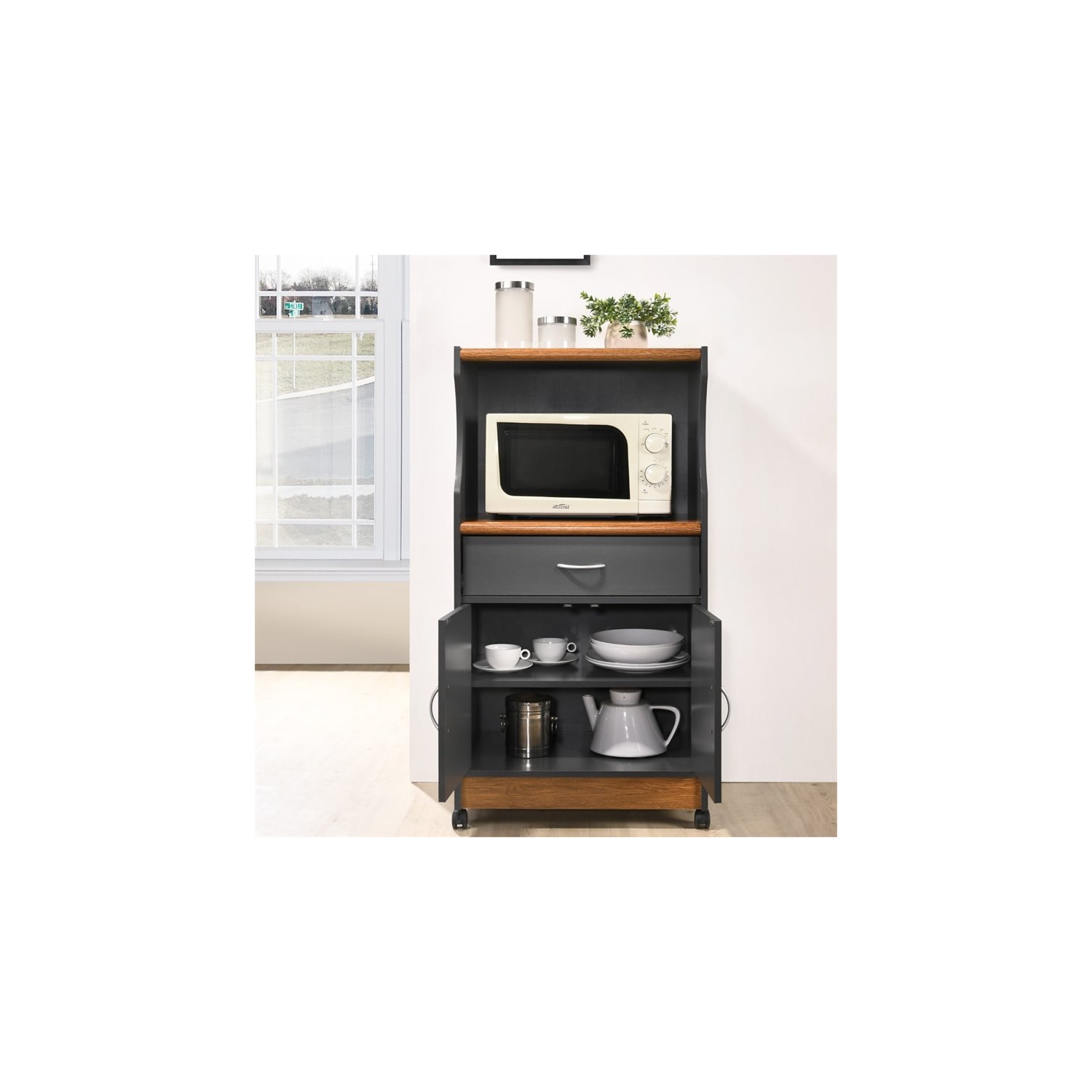 Hodedah Microwave Contemporary Wooden Kitchen Cart in Grey-Oak Finish