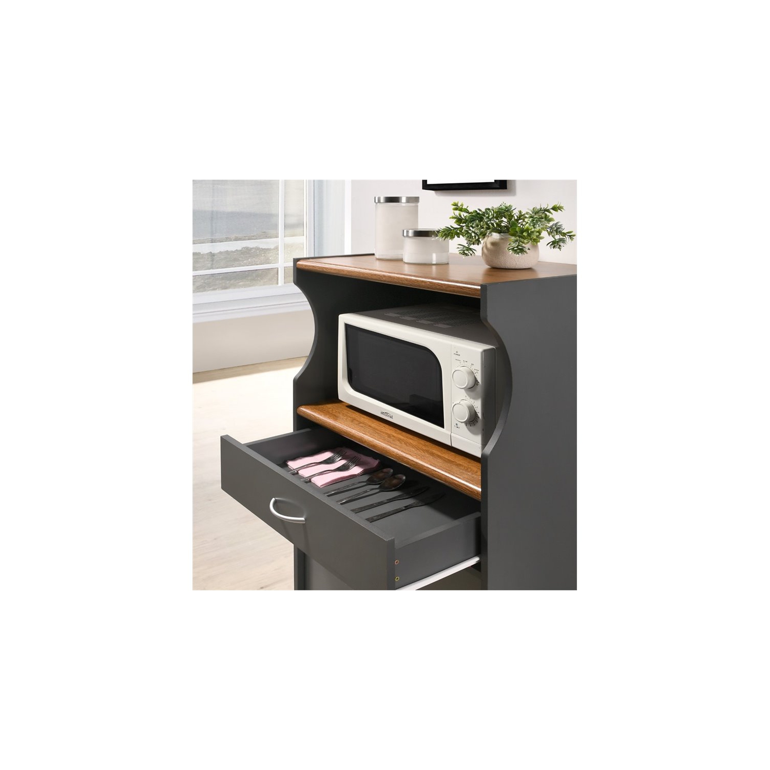 Hodedah Microwave Contemporary Wooden Kitchen Cart in Grey-Oak Finish