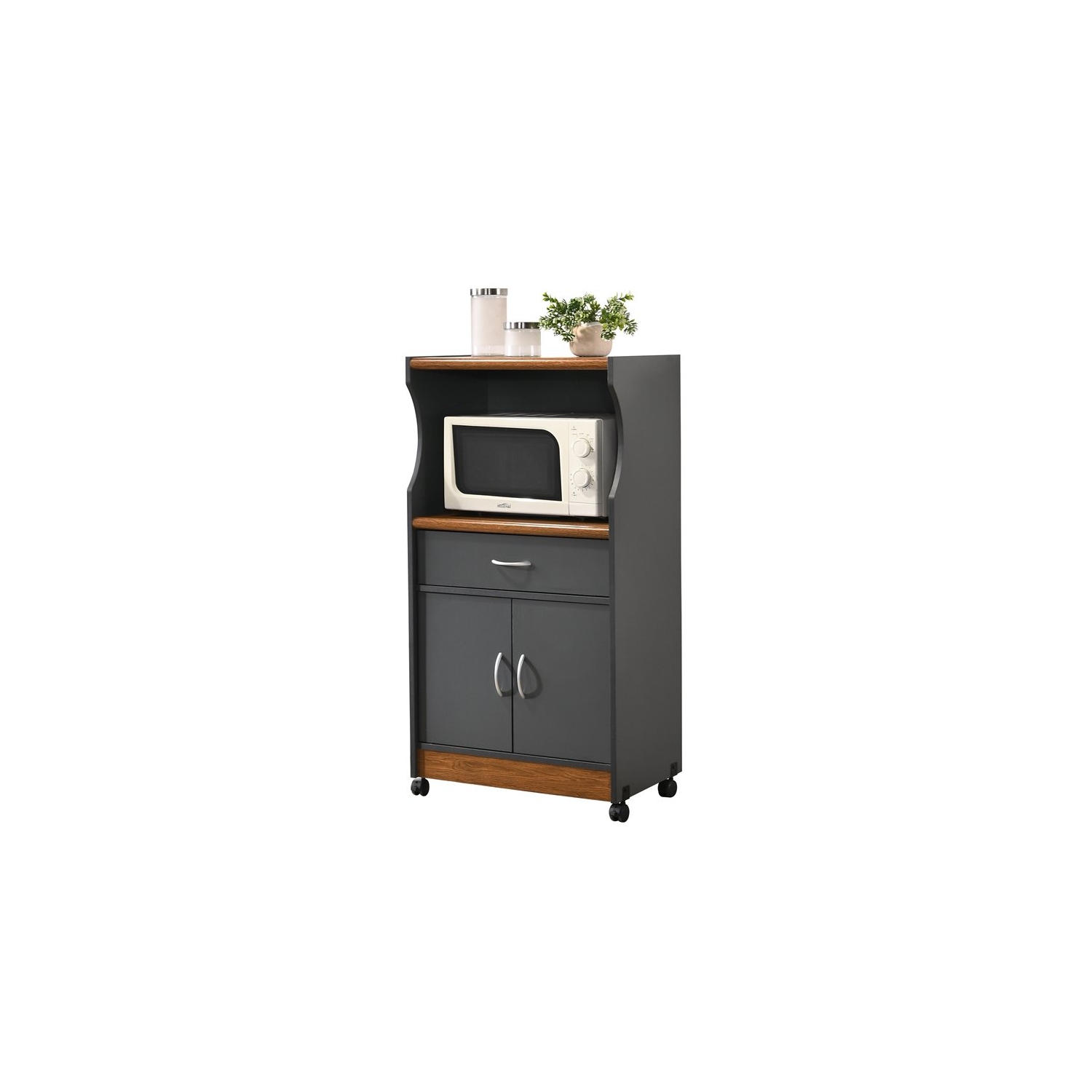 Hodedah Microwave Contemporary Wooden Kitchen Cart in Grey-Oak Finish