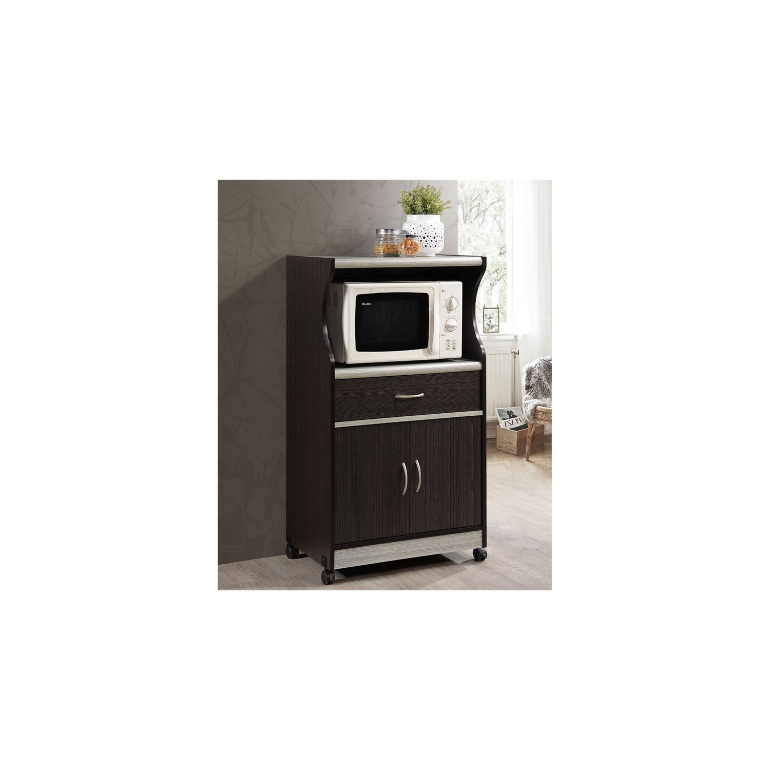 Hodedah Microwave Contemporary Wooden Kitchen Cart in Chocolate-Grey Finish