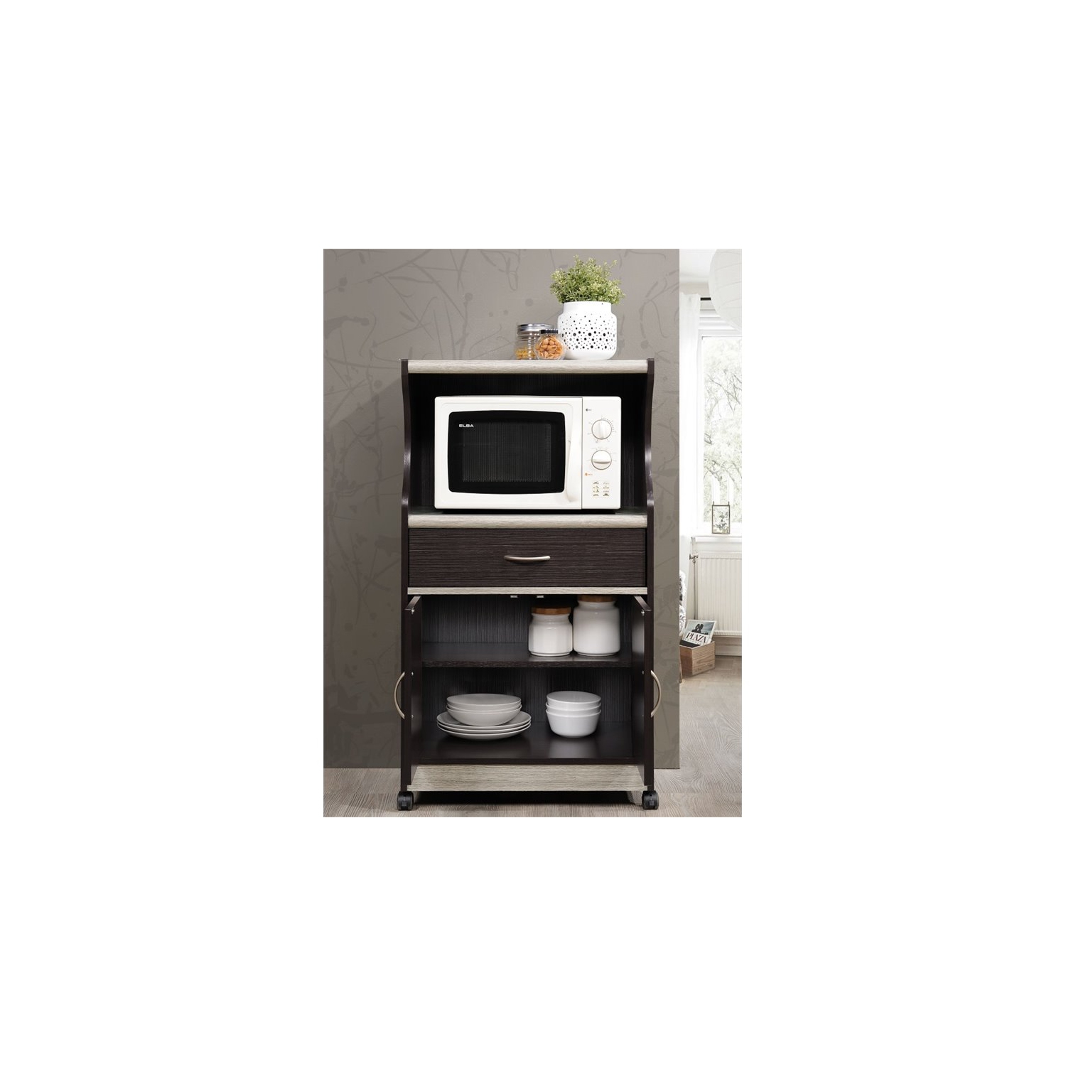 Hodedah Microwave Contemporary Wooden Kitchen Cart in Chocolate-Grey Finish
