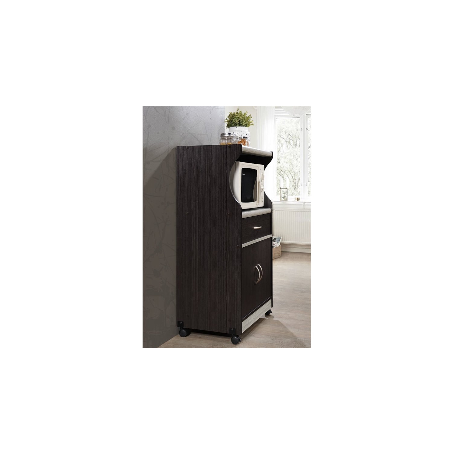 Hodedah Microwave Contemporary Wooden Kitchen Cart in Chocolate-Grey Finish