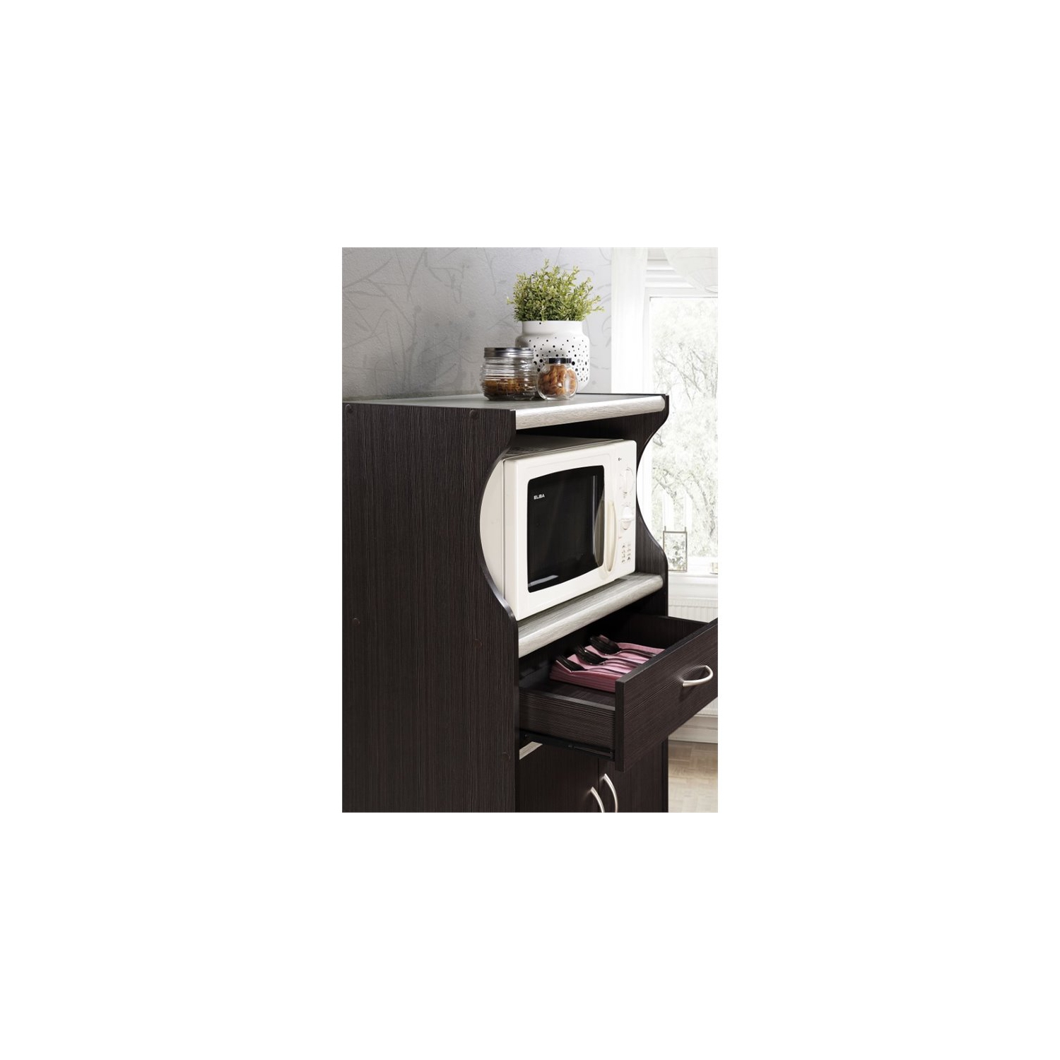 Hodedah Microwave Contemporary Wooden Kitchen Cart in Chocolate-Grey Finish