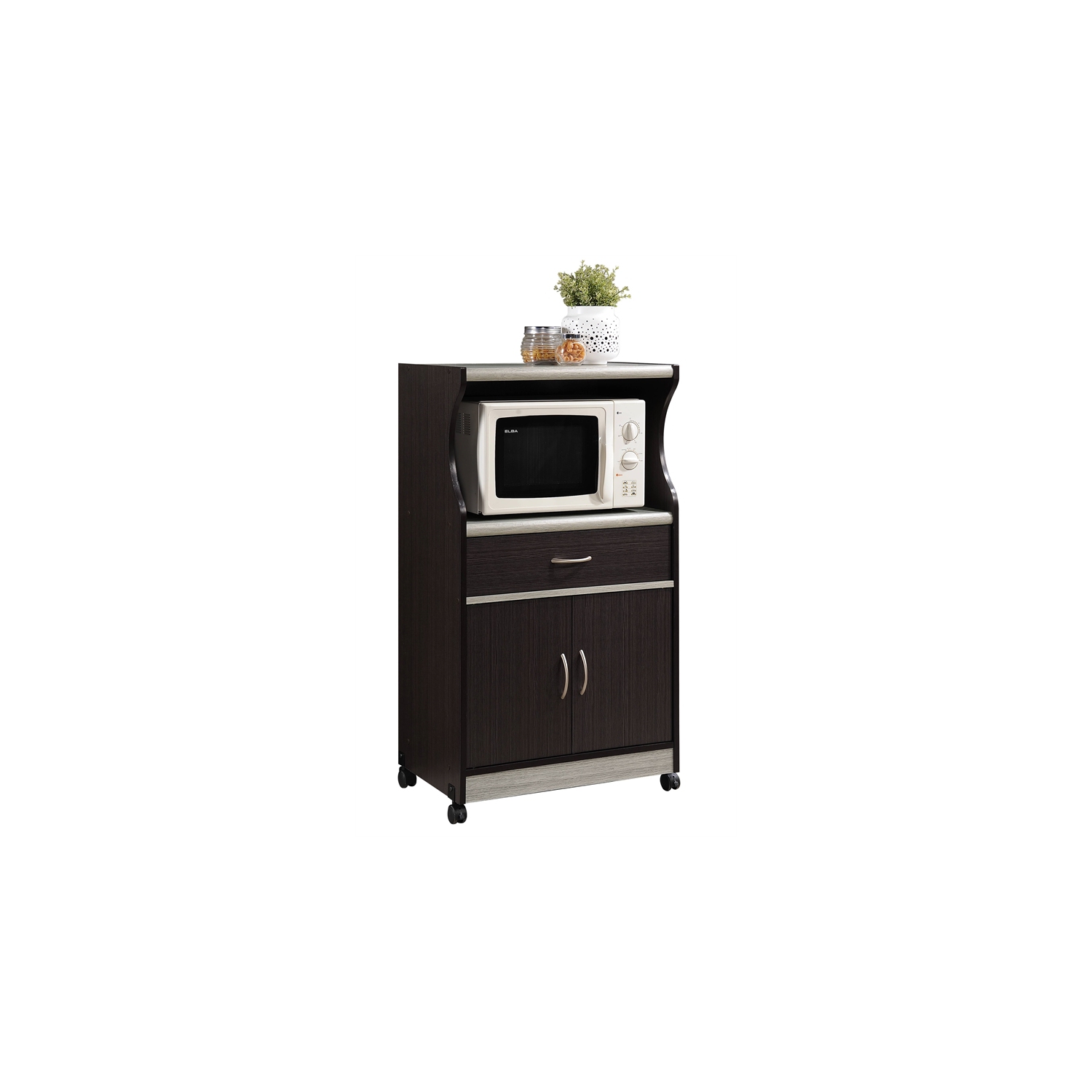 Hodedah Microwave Contemporary Wooden Kitchen Cart in Chocolate-Grey Finish
