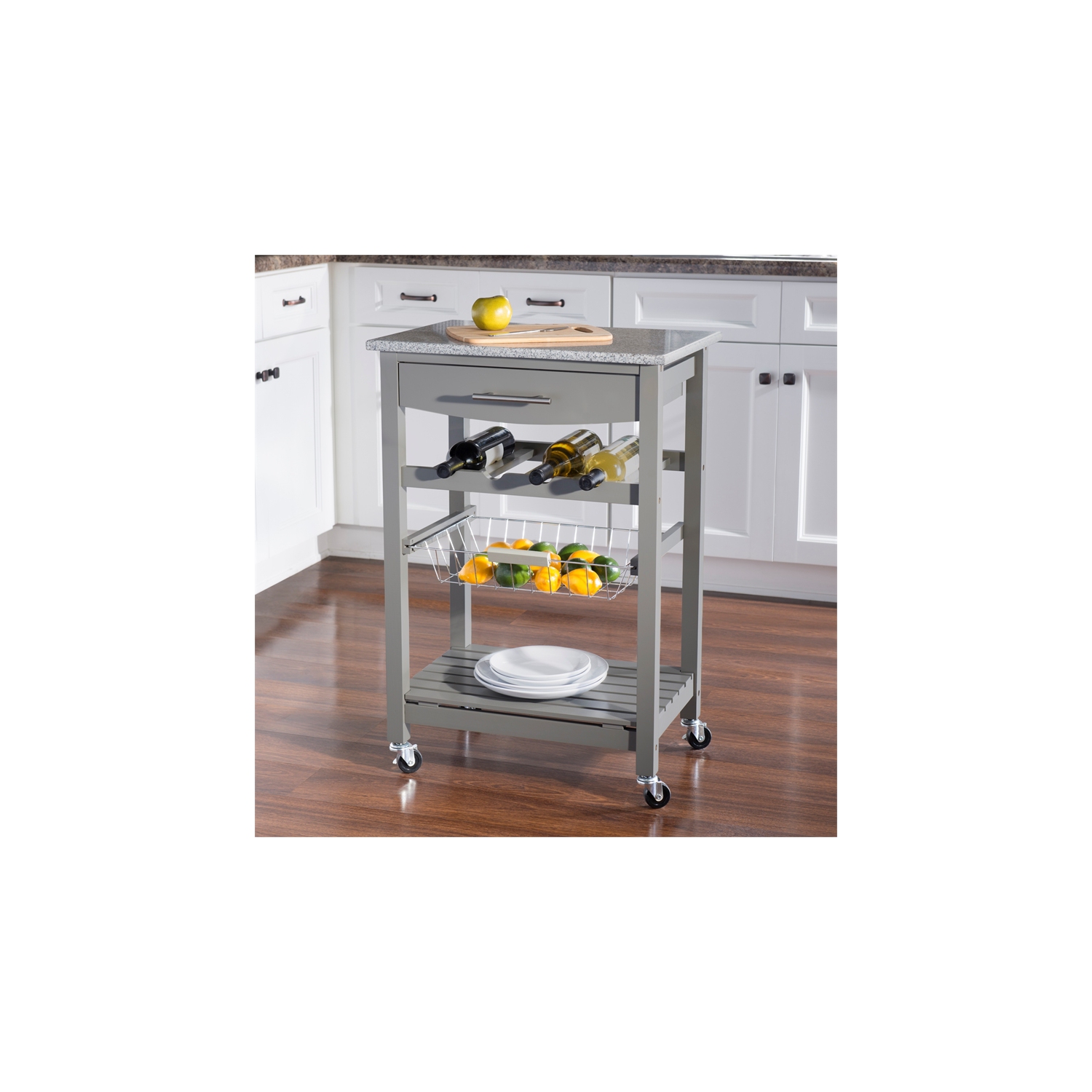 Linon Natalie Wood Granite Top Kitchen Island in Gray