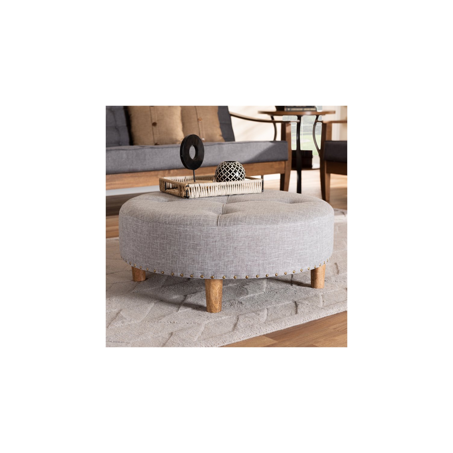 Baxton Studio Vinet Tufted Fabric and Wood Coffee Table Ottoman in Light Gray
