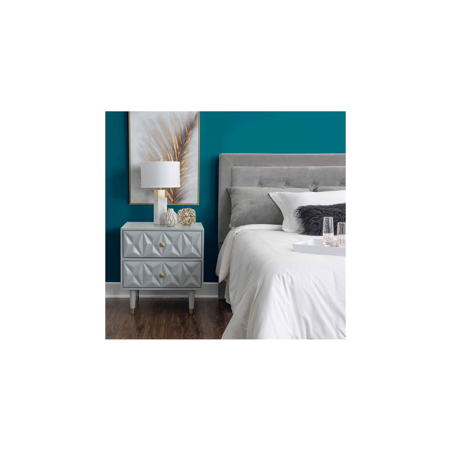 Linon Alick Two Drawer Wood Geo Texture Nightstand in Gray