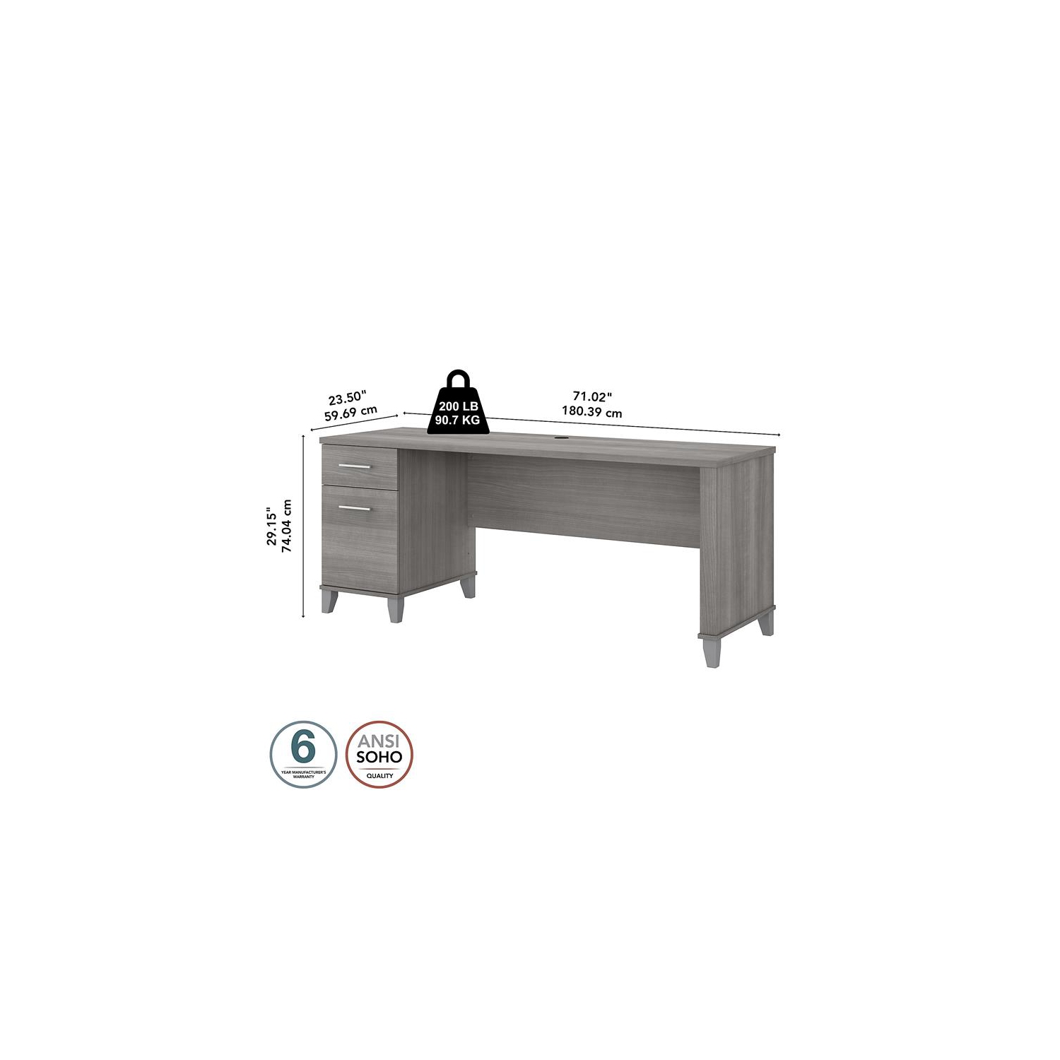 Somerset 72W Office Desk with Drawers in Platinum Gray - Engineered Wood