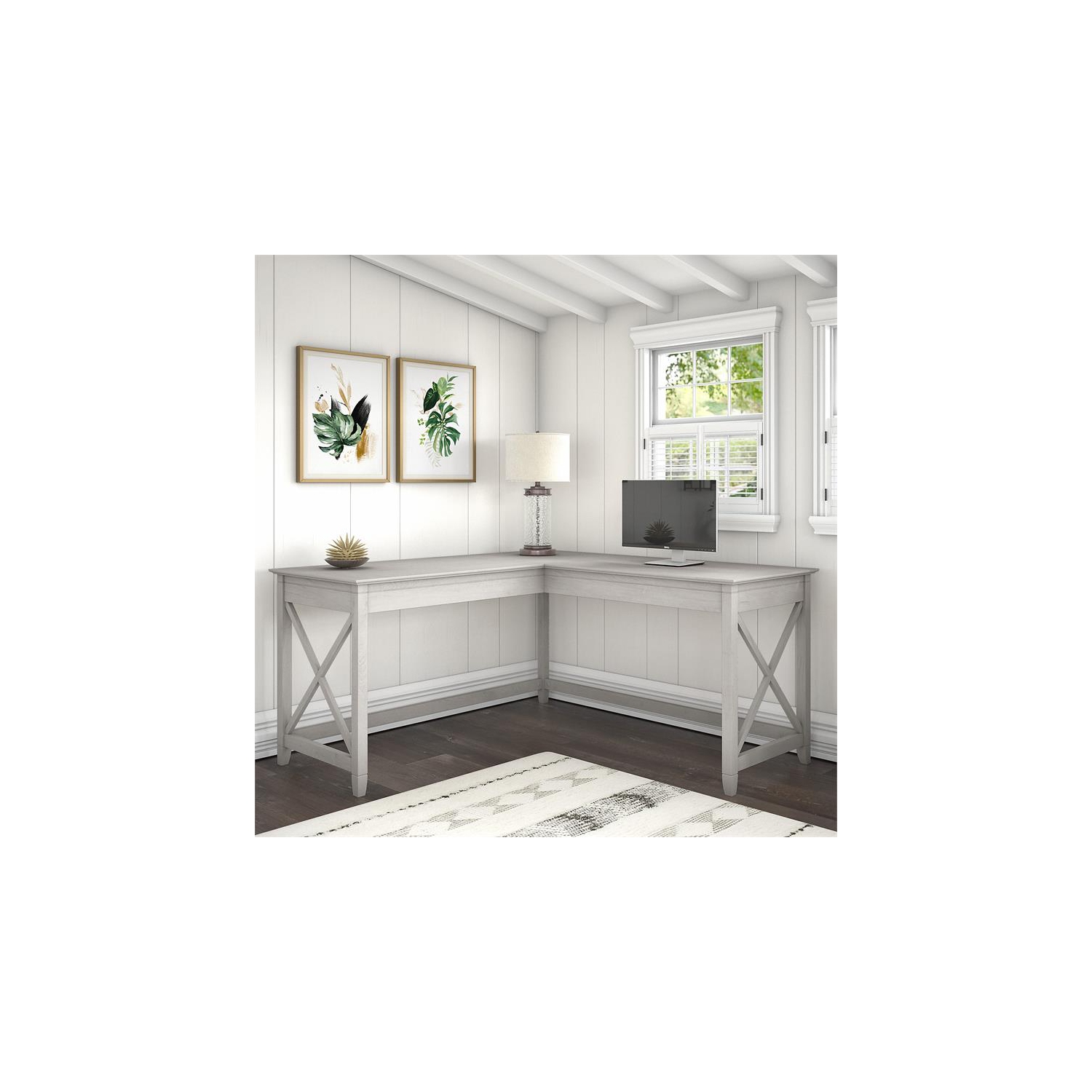 Key West 60W L Shaped Desk in Linen White Oak - Engineered Wood