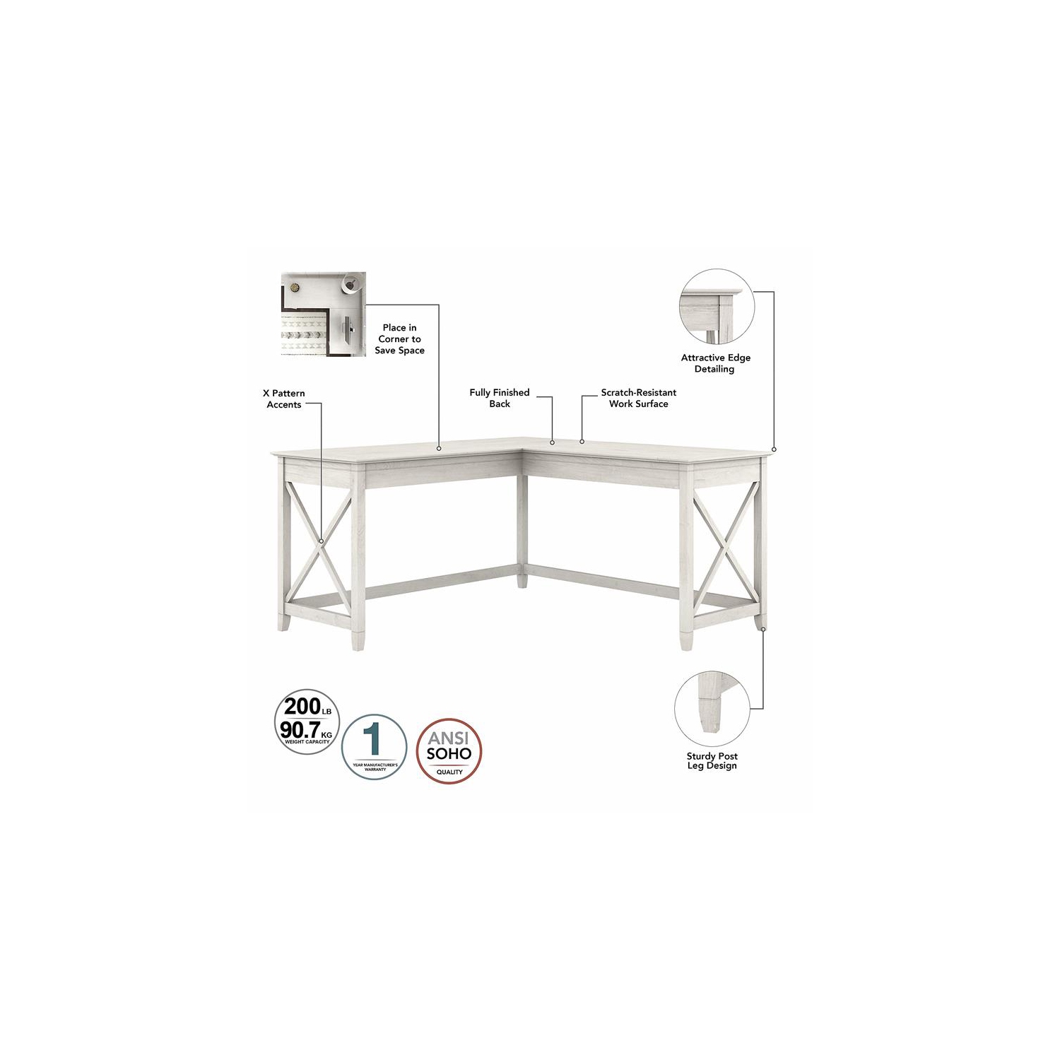 Key West 60W L Shaped Desk in Linen White Oak - Engineered Wood