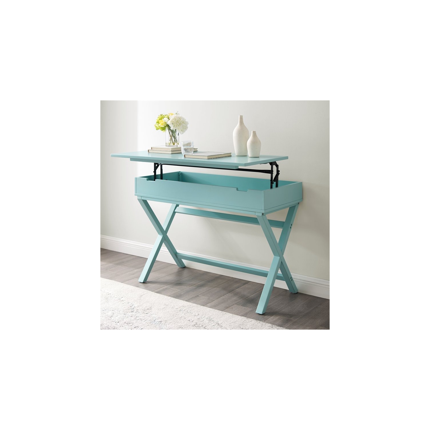 Linon Peggy Lift Top Stand Up Wood Desk in Turquoise Blue