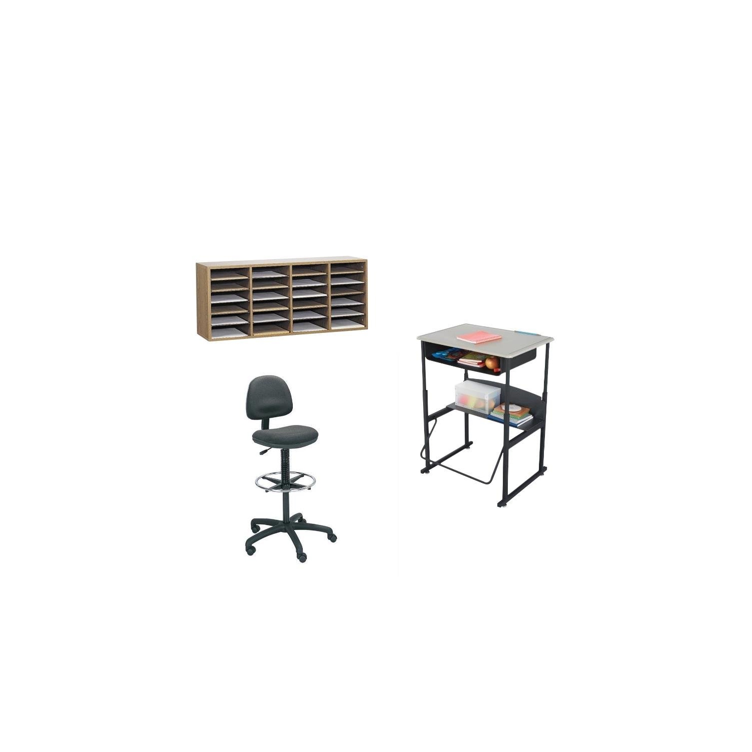 Bureau d’étudiant 3 pièces avec boîte à livres, classeur et chaise