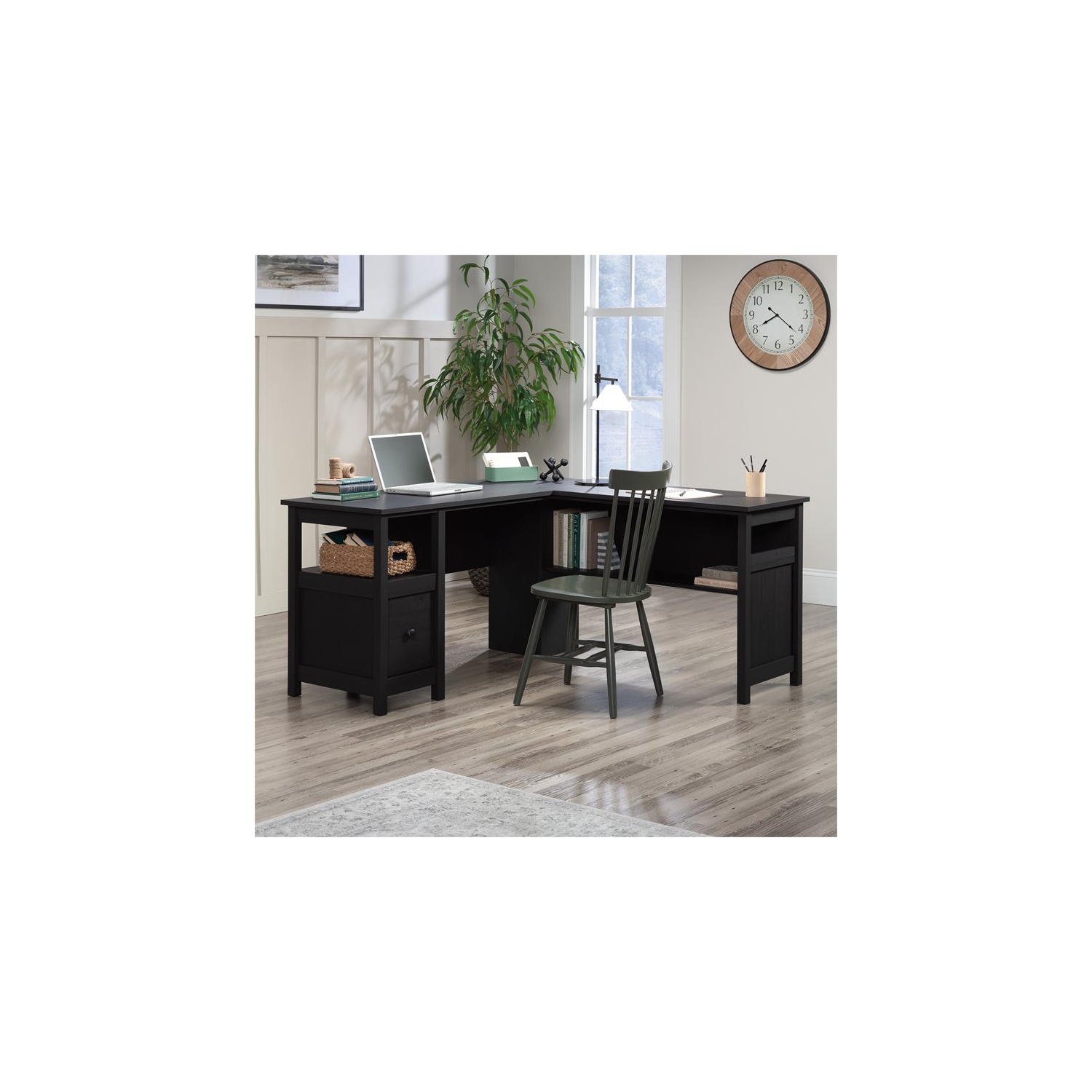 Sauder Dawson Trail Country Traditional L Shaped Computer Desk in Raven Oak