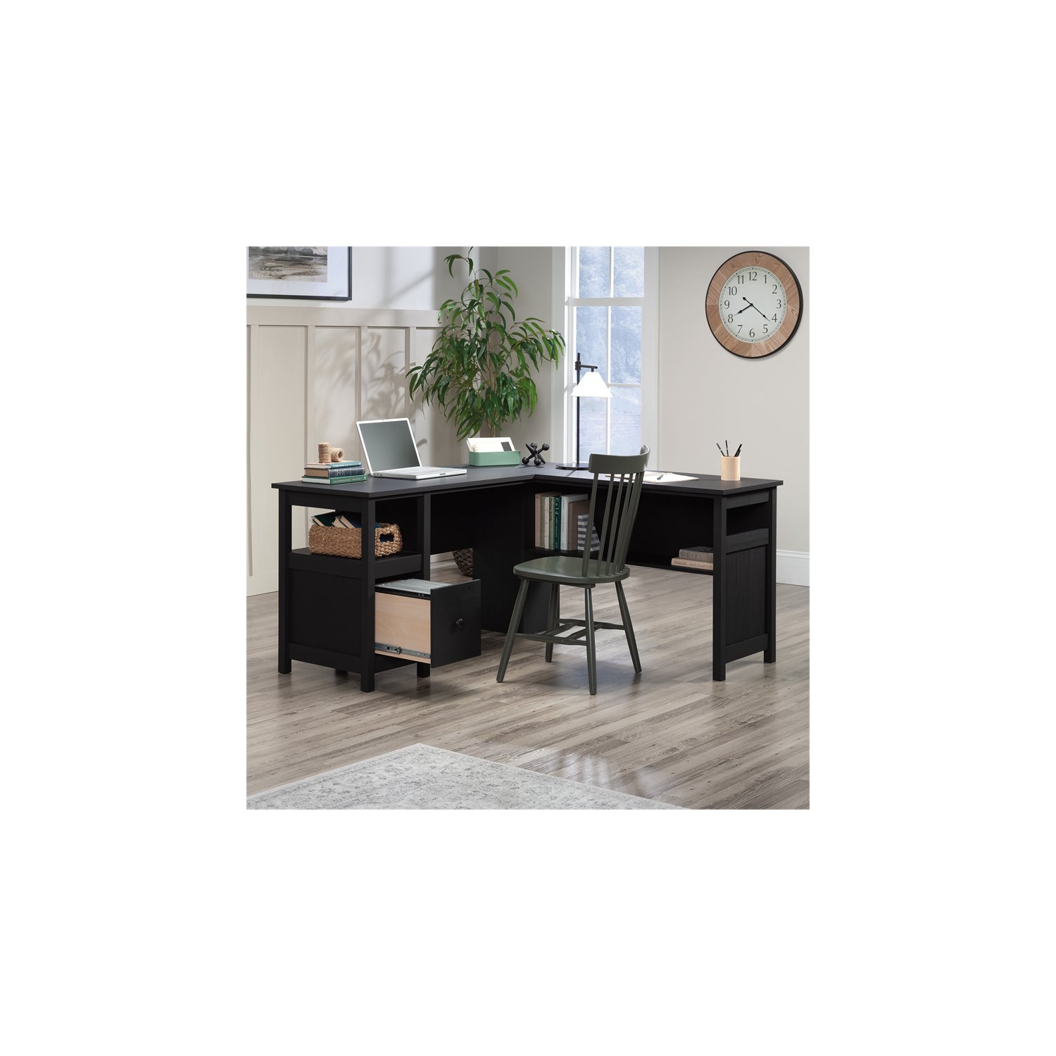 Sauder Dawson Trail Country Traditional L Shaped Computer Desk in Raven Oak