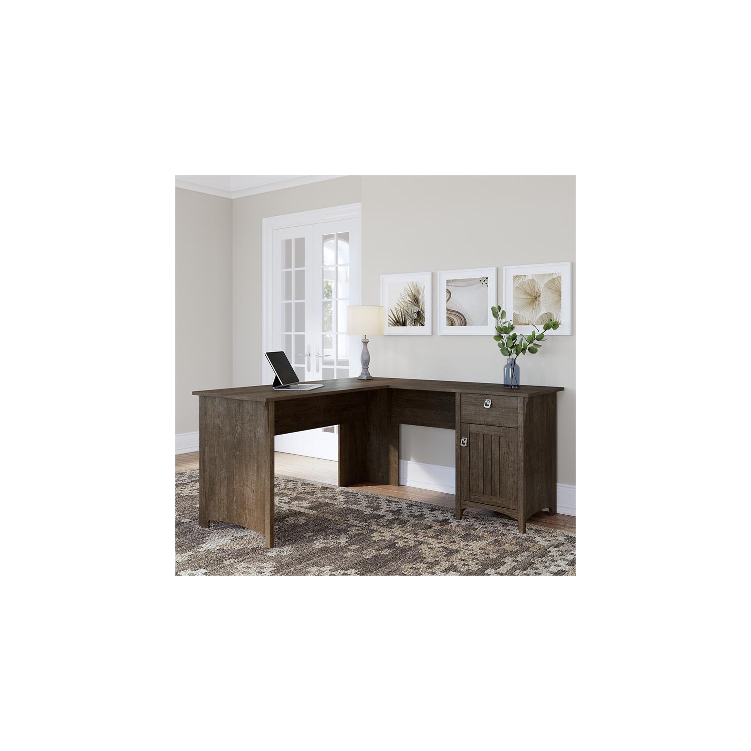 Bush Furniture Salinas 60W L Shaped Desk with Storage in Ash Brown