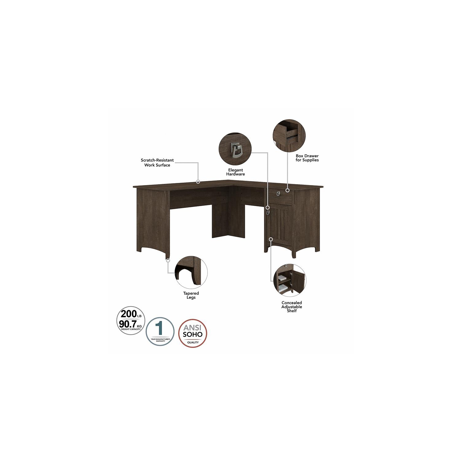 Bush Furniture Salinas 60W L Shaped Desk with Storage in Ash Brown