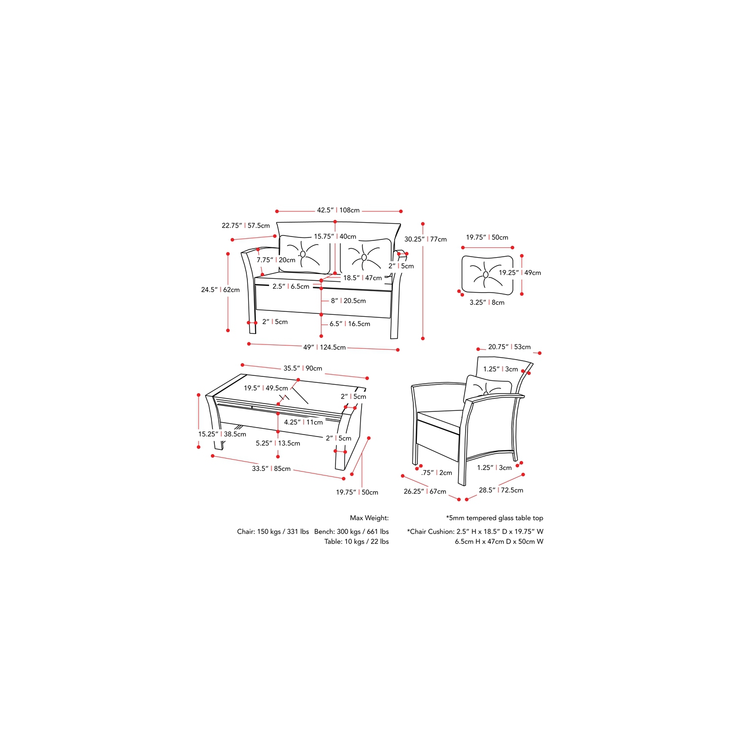 CorLiving Cascade Wicker/Rattan Patio Set with Warm White Cushions 4pc