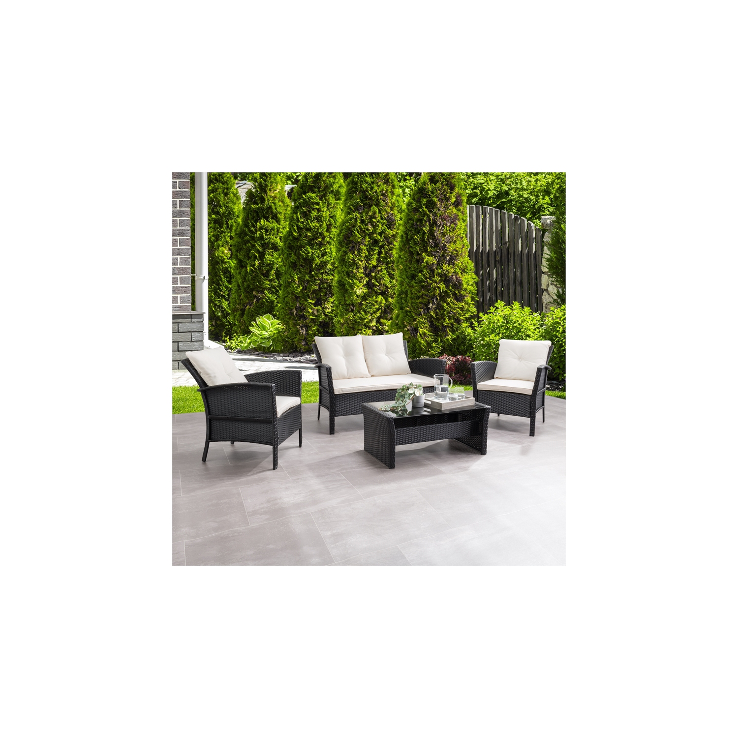 CorLiving Cascade Wicker/Rattan Patio Set with Warm White Cushions 4pc