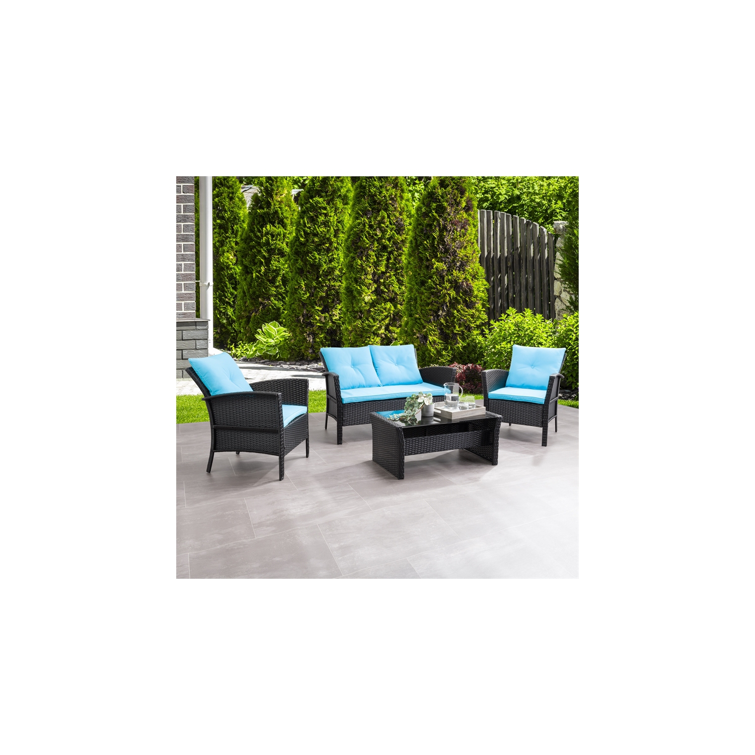 CorLiving Cascade Wicker/Rattan Patio Set with Turquoise Cushions 4pc