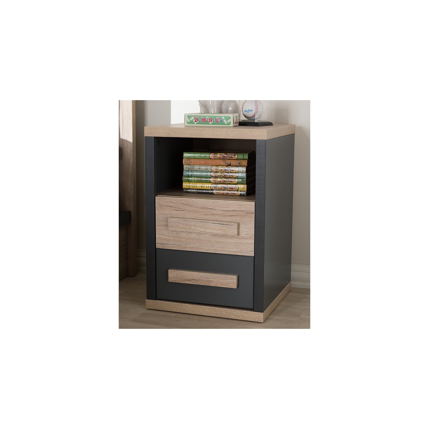 Bowery Hill 2 Drawer Nightstand in Gray and Oak Brown
