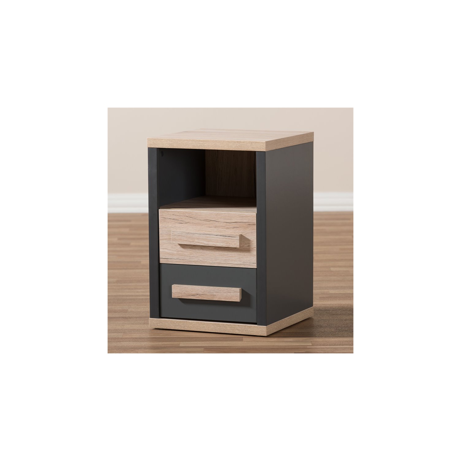 Bowery Hill 2 Drawer Nightstand in Gray and Oak Brown