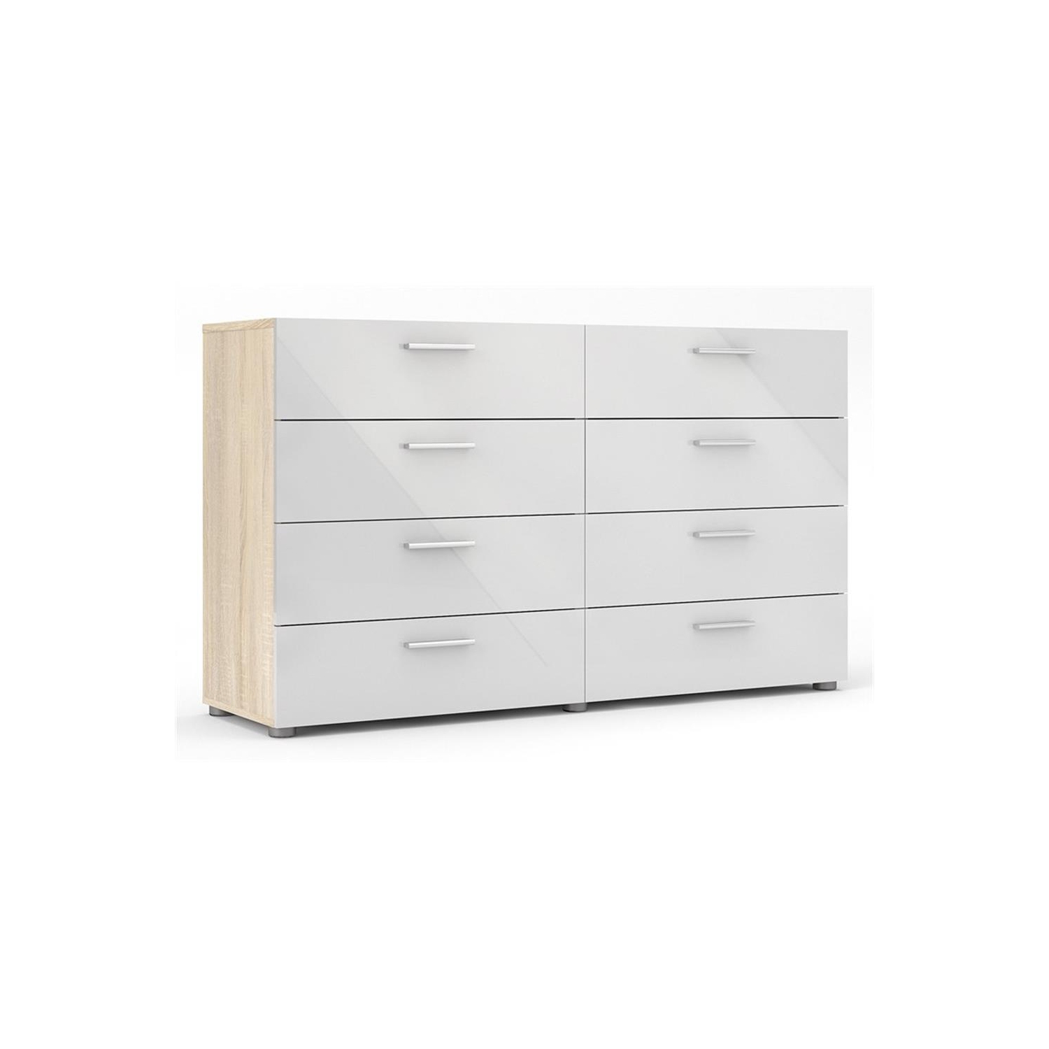Commode double à 8 tiroirs Austin, structure chêne/blanc très lustré