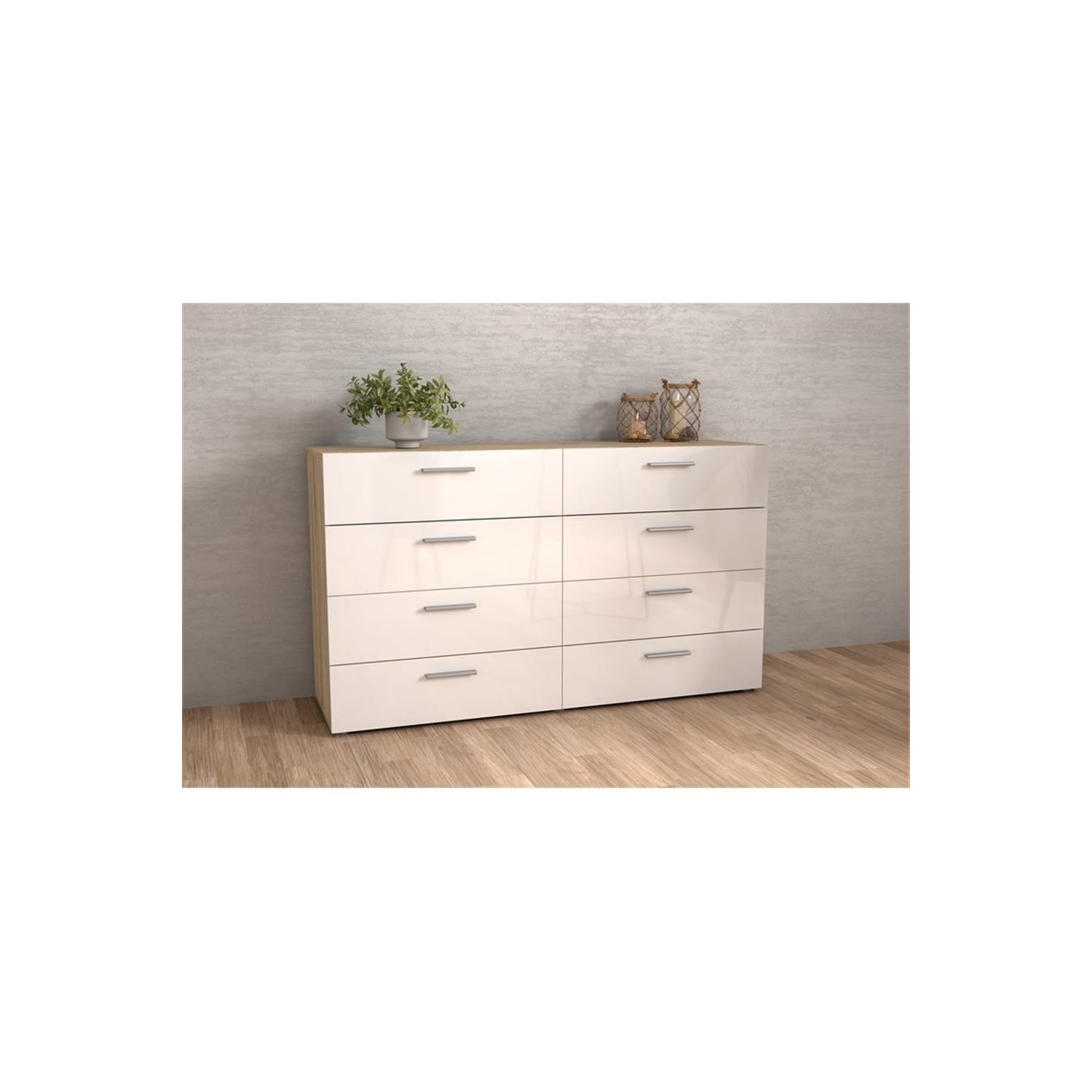 Commode double à 8 tiroirs Austin, structure chêne/blanc très lustré