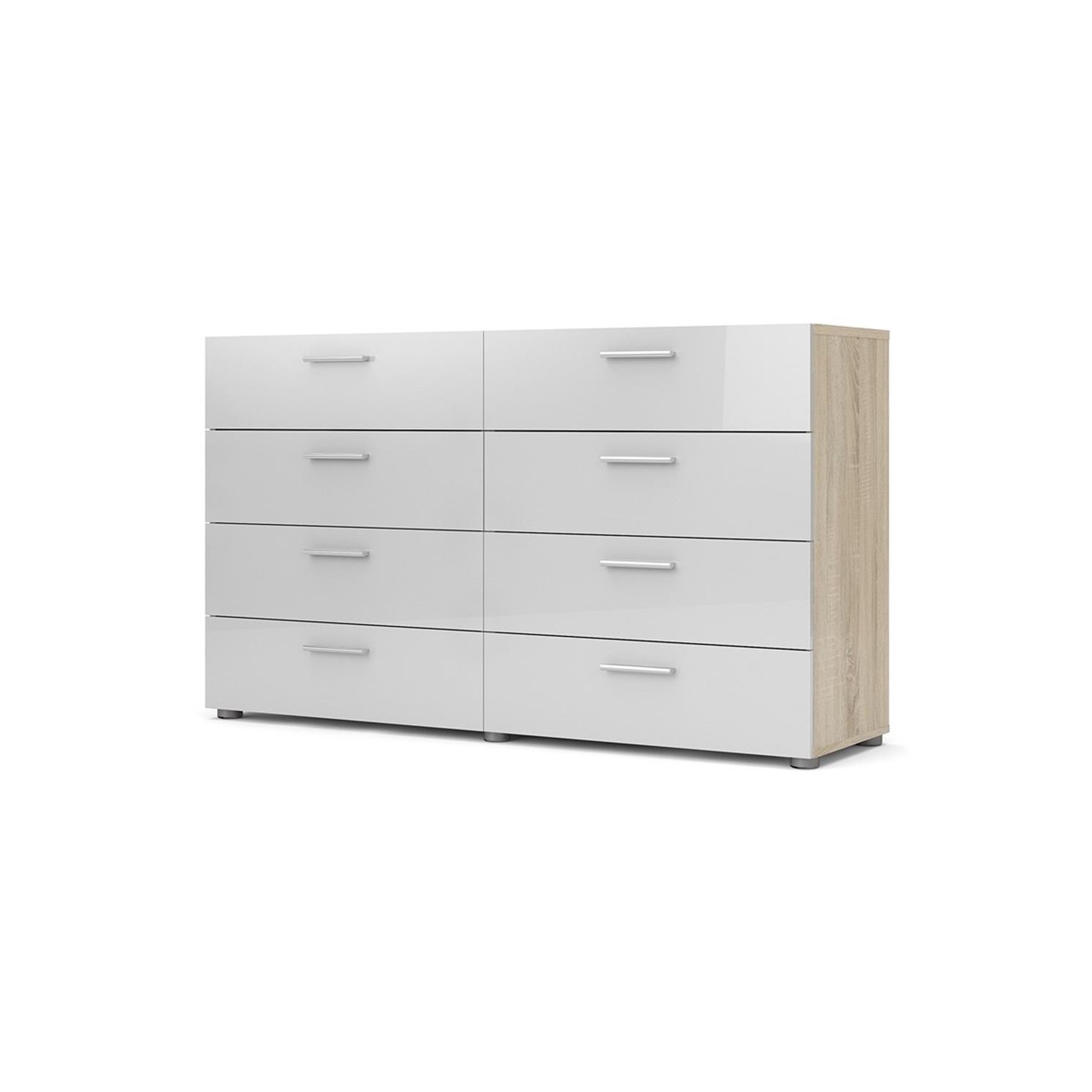 Commode double à 8 tiroirs Austin, structure chêne/blanc très lustré