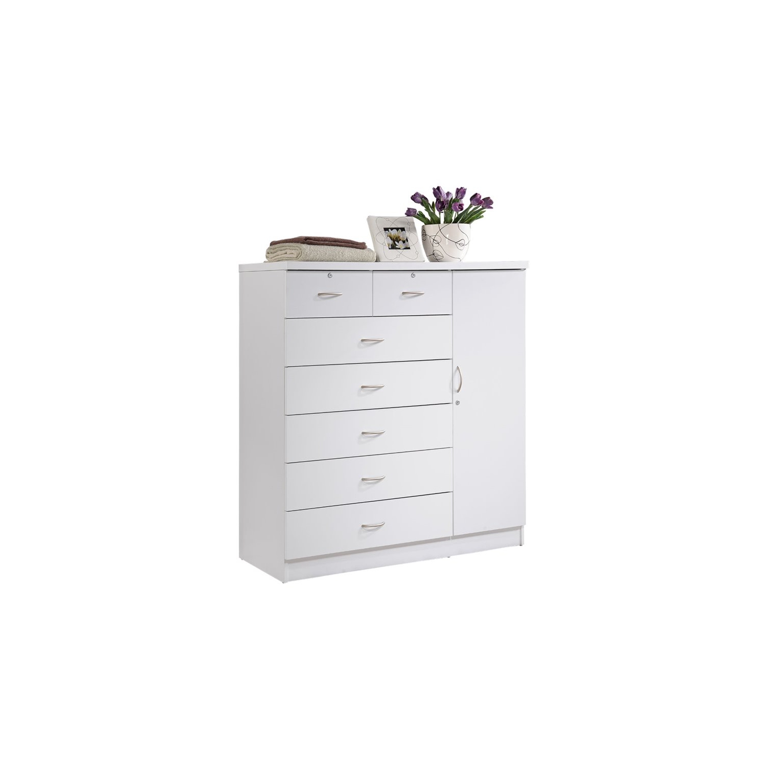 Hodedah 7 Drawer Chest with Locks on 2 Drawers and 1 Door in White Wood