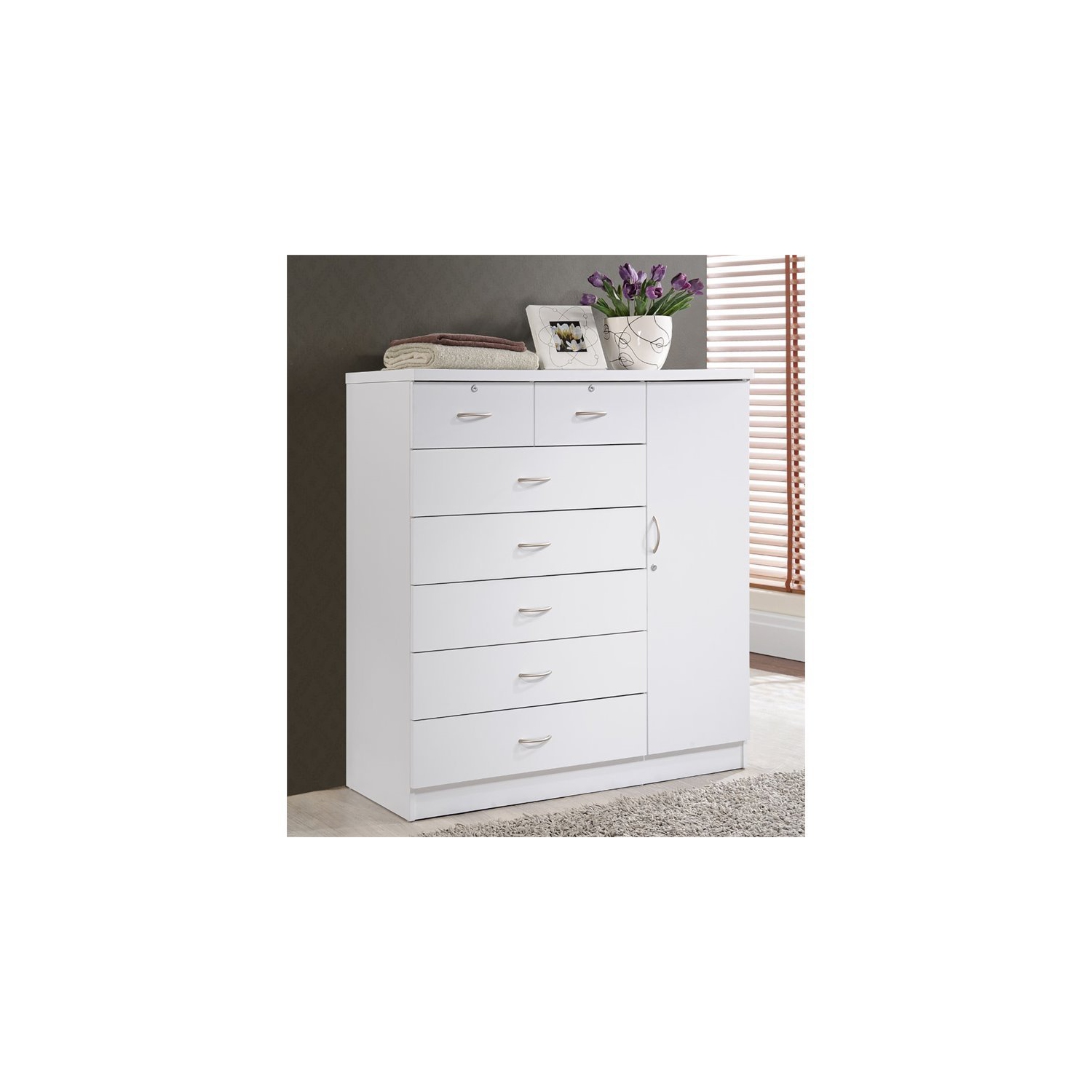 Hodedah 7 Drawer Chest with Locks on 2 Drawers and 1 Door in White Wood